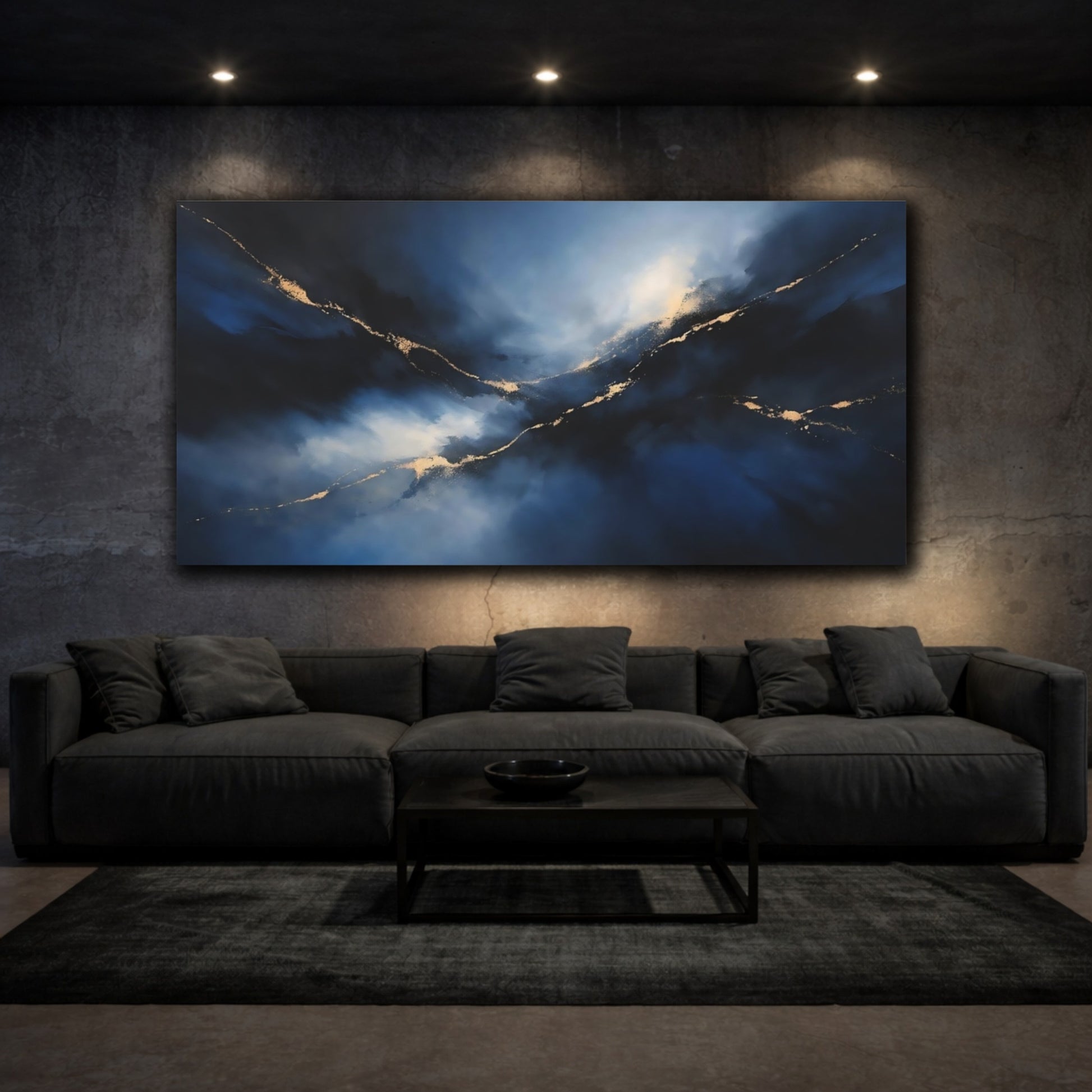 Mockup 2. Abstract Abstract Flow Blue And Gold shown as stretched canvas wall art