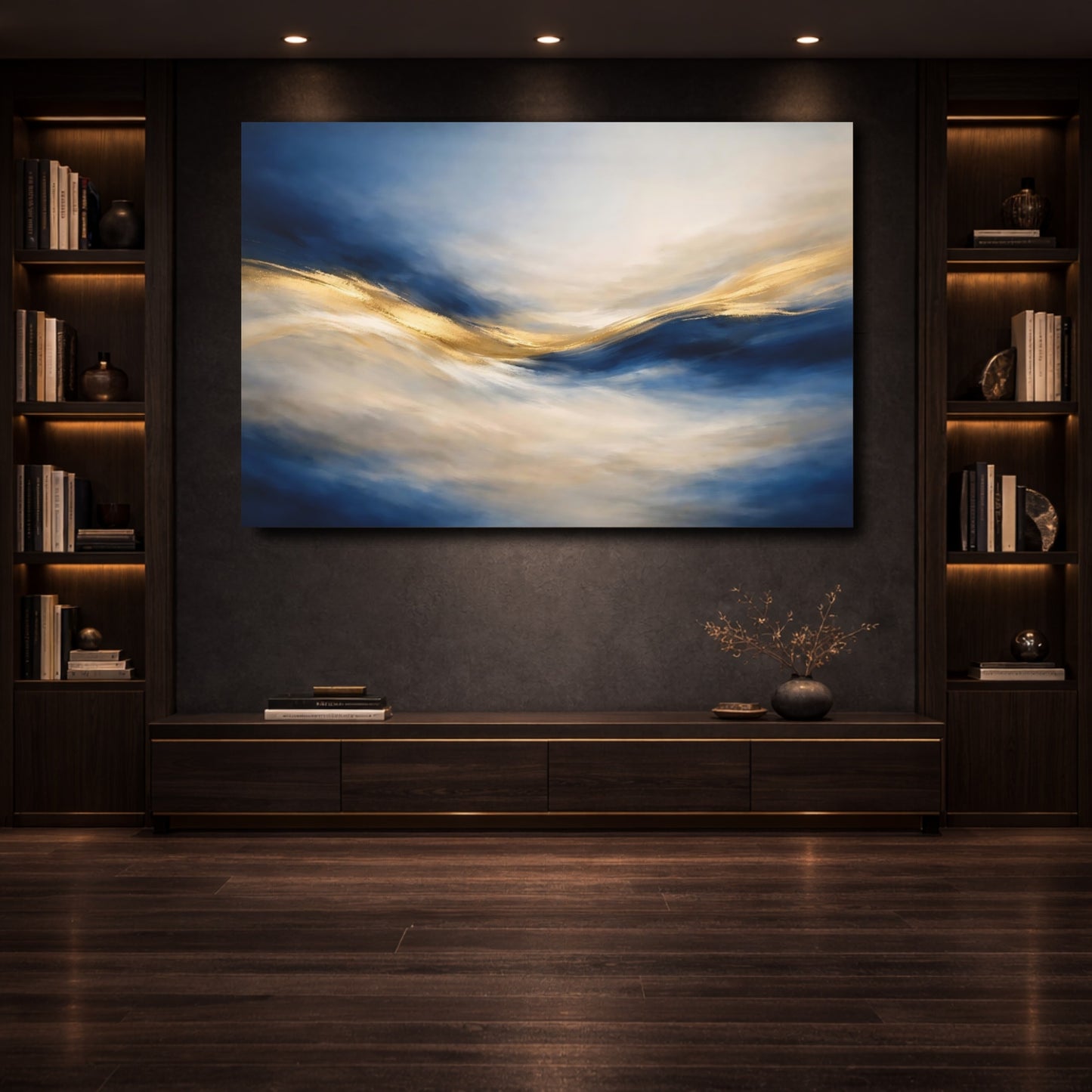 Mockup 3. Abstract Abstract Flow Blue And Gold shown as stretched canvas wall art