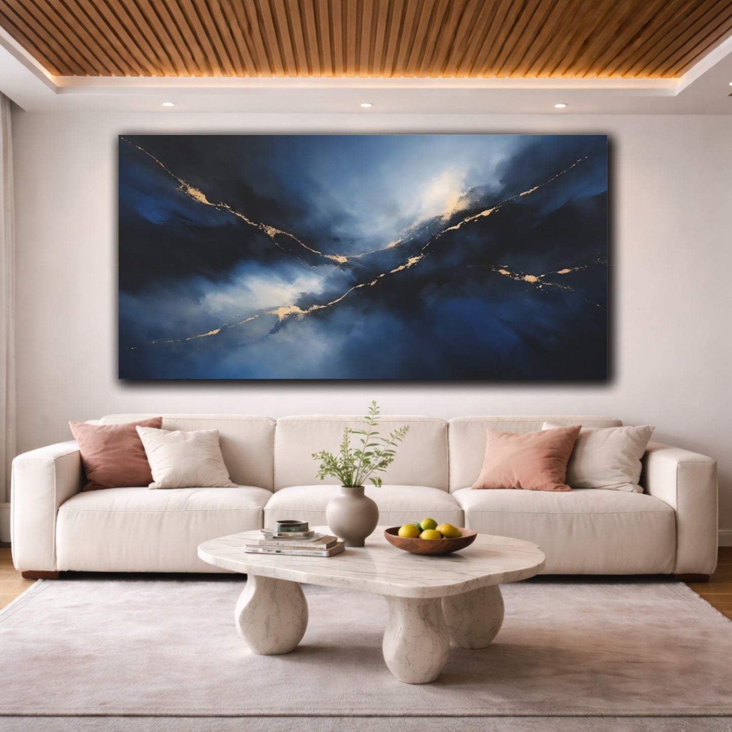 Mockup 3. Abstract Abstract Flow Blue And Gold shown as stretched canvas wall art