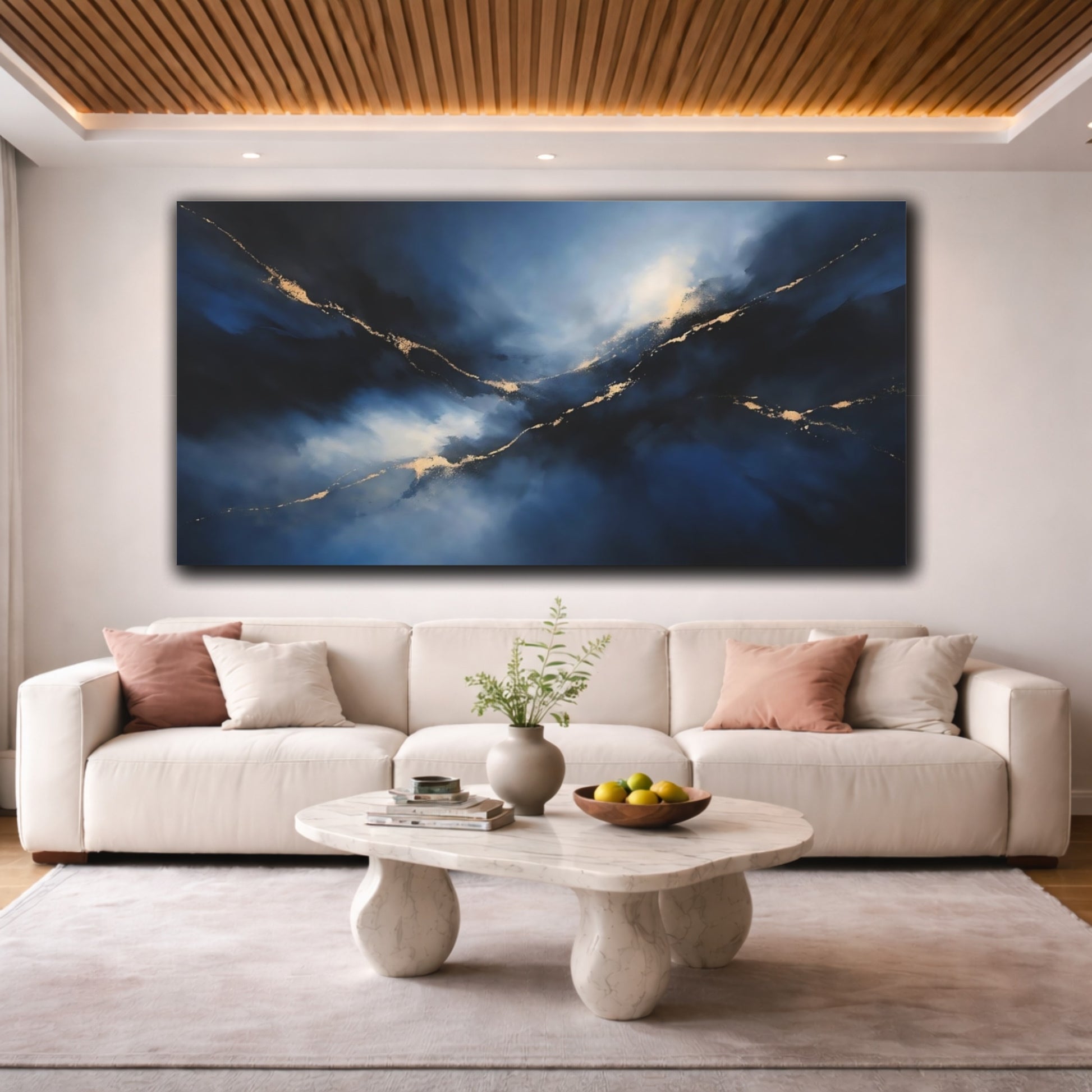 Mockup 3. Abstract Abstract Flow Blue And Gold shown as stretched canvas wall art