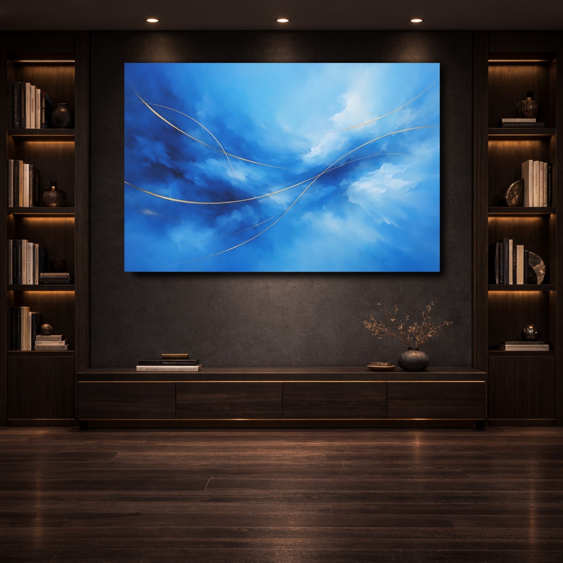 Mockup 3. Abstract Abstract Flow Blue And Gold shown as stretched canvas wall art
