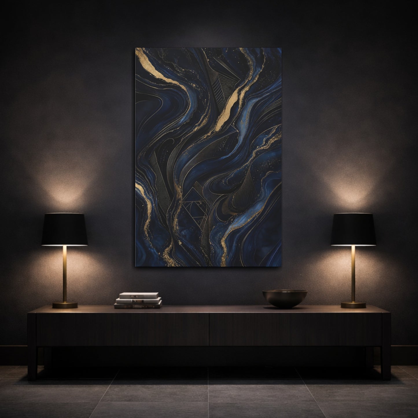 Mockup 3. Abstract Abstract Flow Blue And Gold shown as stretched canvas wall art