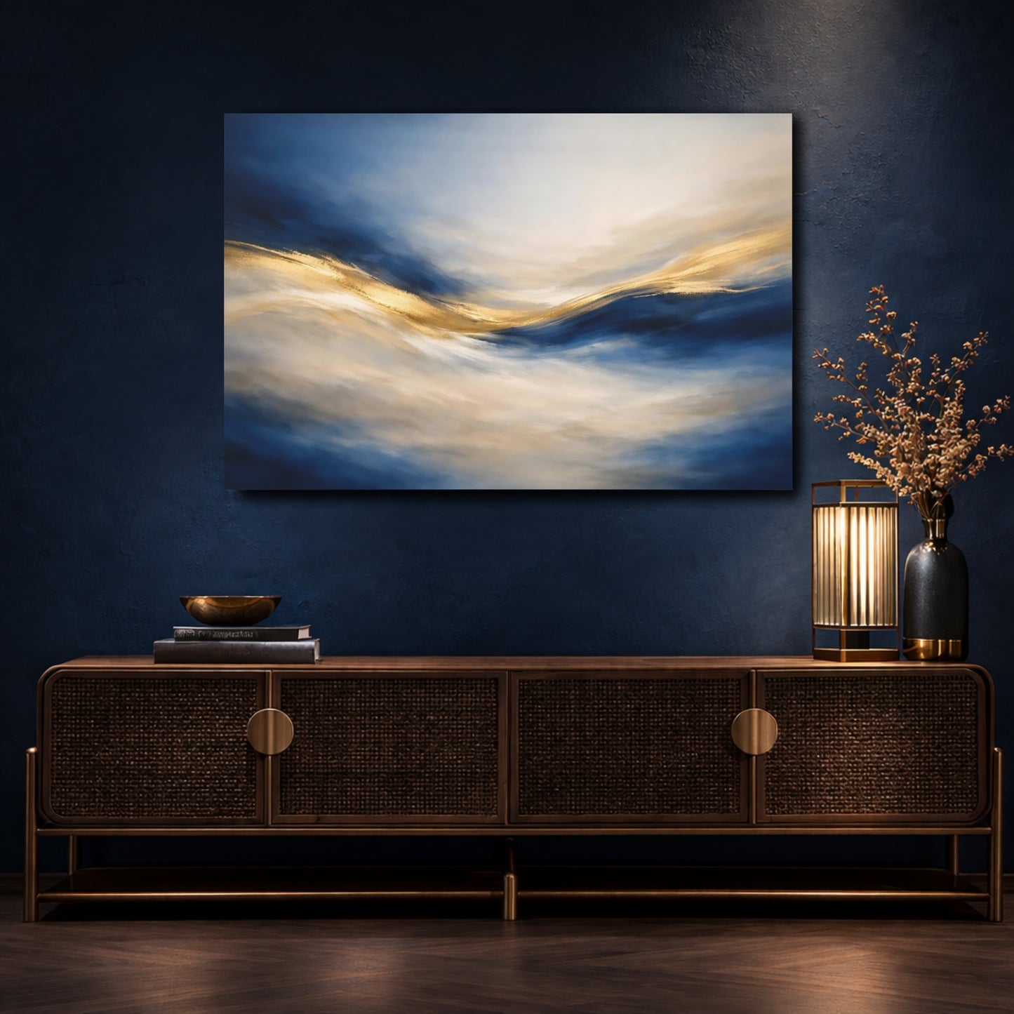 Mockup 4. Abstract Abstract Flow Blue And Gold shown as stretched canvas wall art