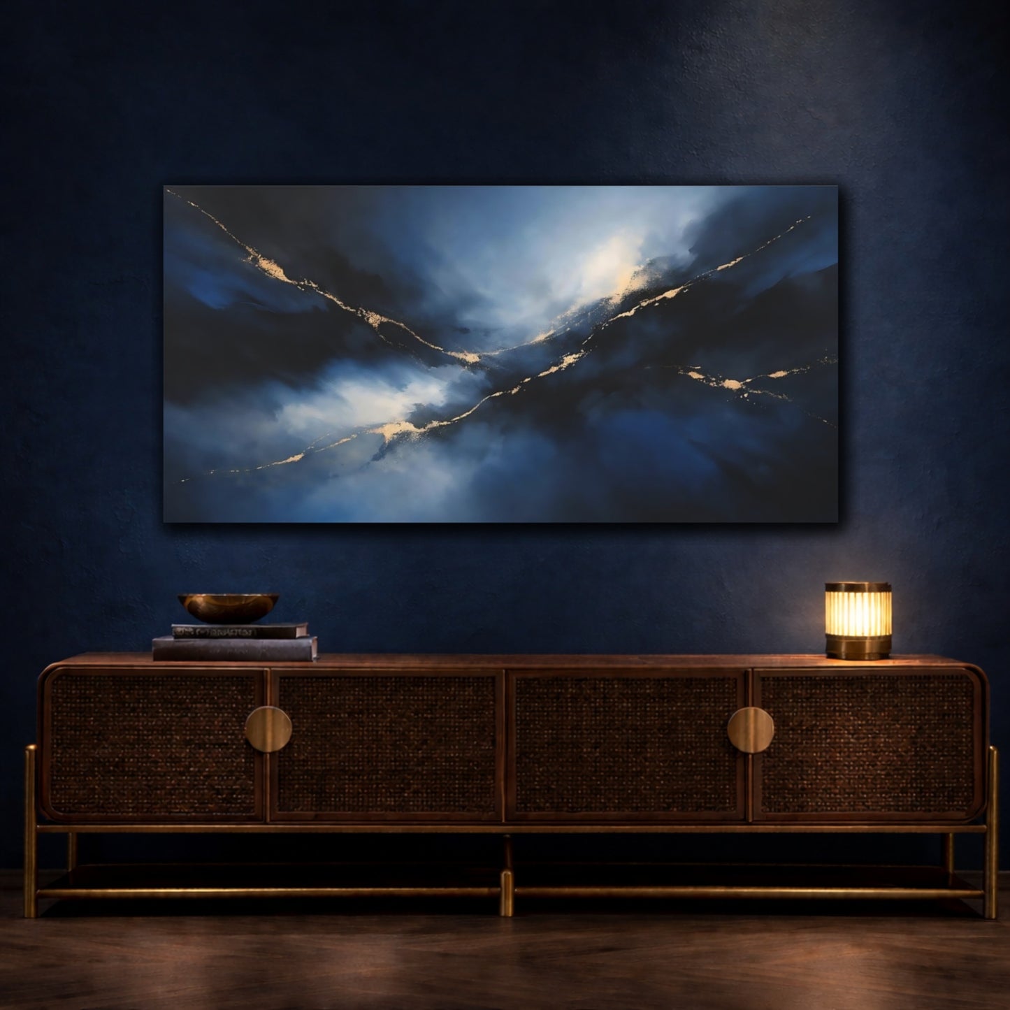 Mockup 4. Abstract Abstract Flow Blue And Gold shown as stretched canvas wall art