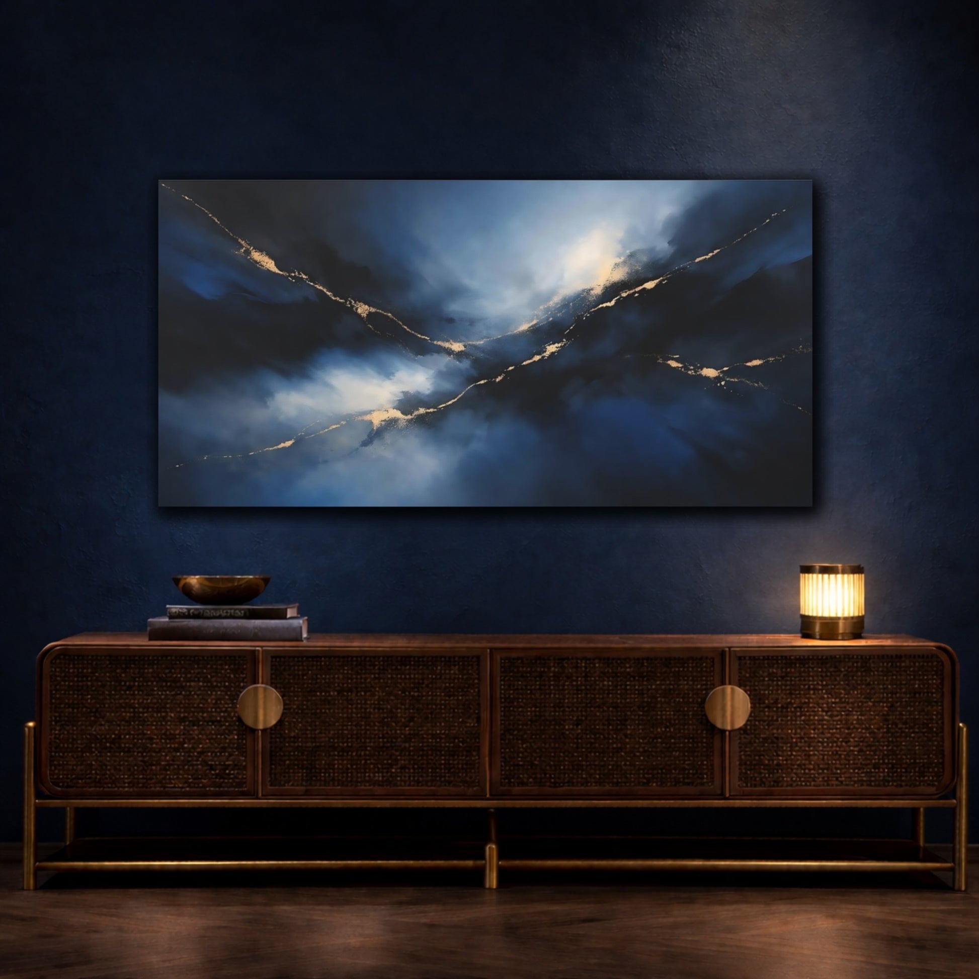 Mockup 4. Abstract Abstract Flow Blue And Gold shown as stretched canvas wall art