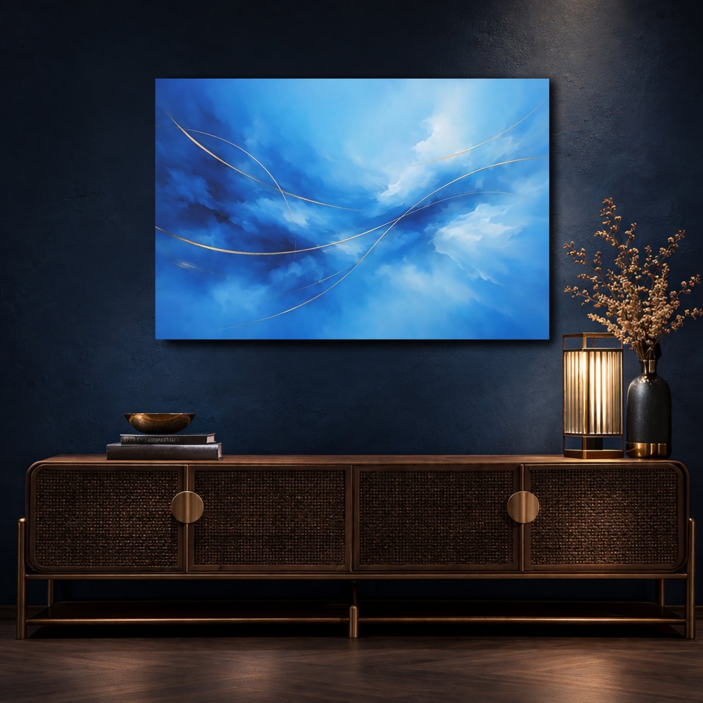 Mockup 4. Abstract Abstract Flow Blue And Gold shown as stretched canvas wall art