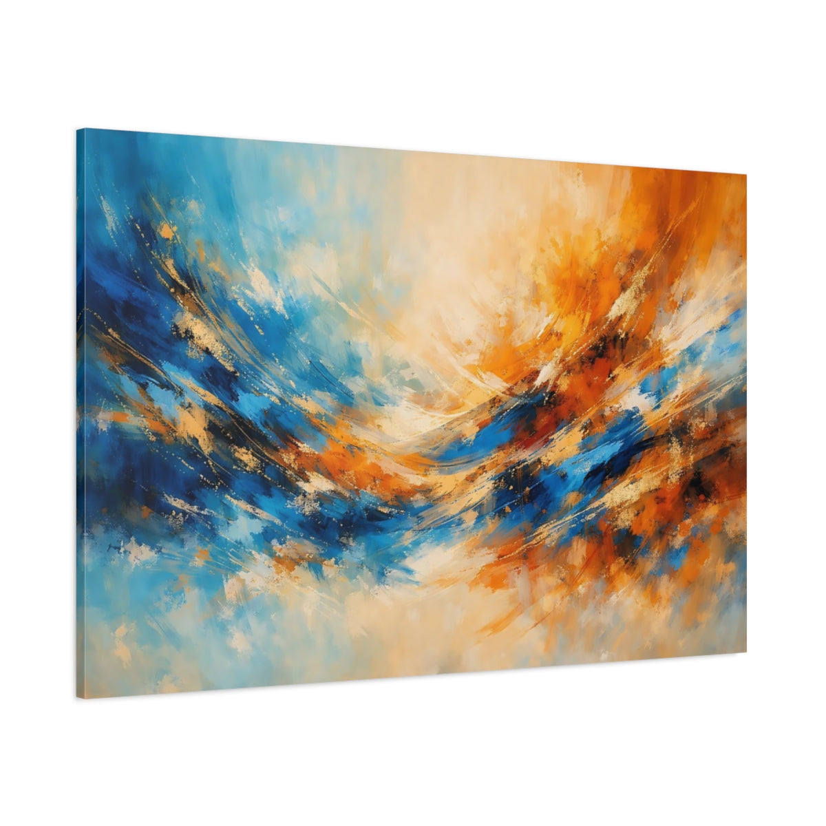 Main Mockup. Abstract Abstract Flow Blue And Orange Abstract shown as stretched canvas wall art