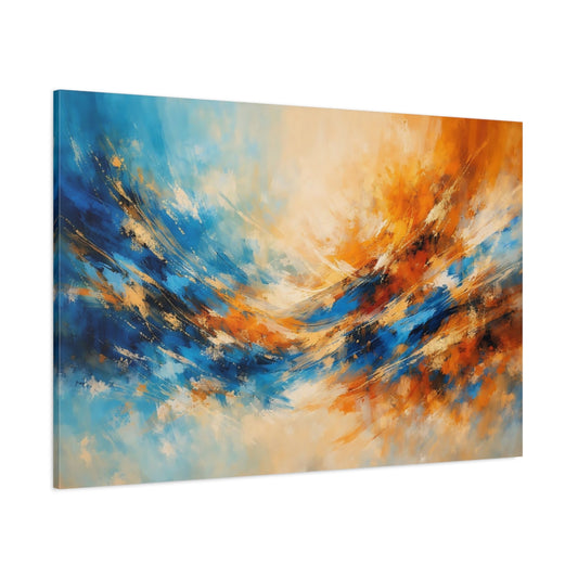 Main Mockup. Abstract Abstract Flow Blue And Orange Abstract shown as stretched canvas wall art