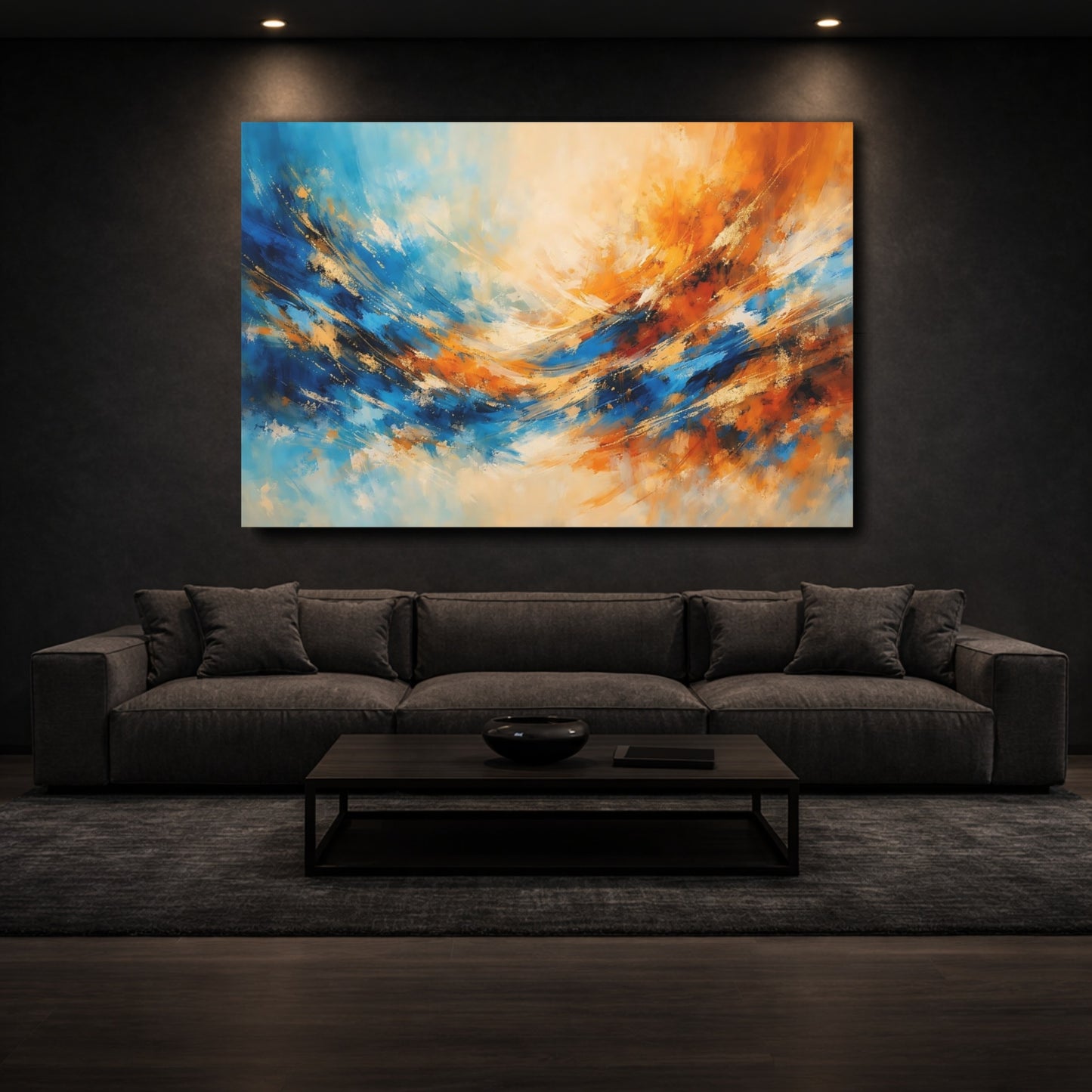 Mockup 2. Abstract Abstract Flow Blue And Orange Abstract shown as stretched canvas wall art