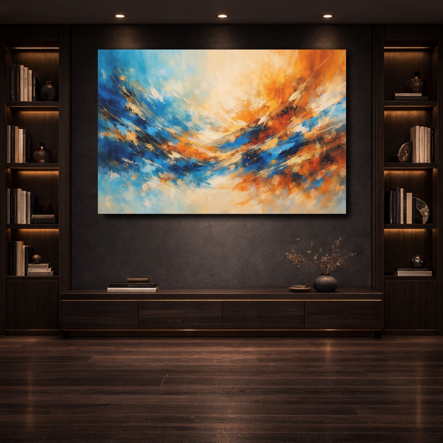 Mockup 3. Abstract Abstract Flow Blue And Orange Abstract shown as stretched canvas wall art