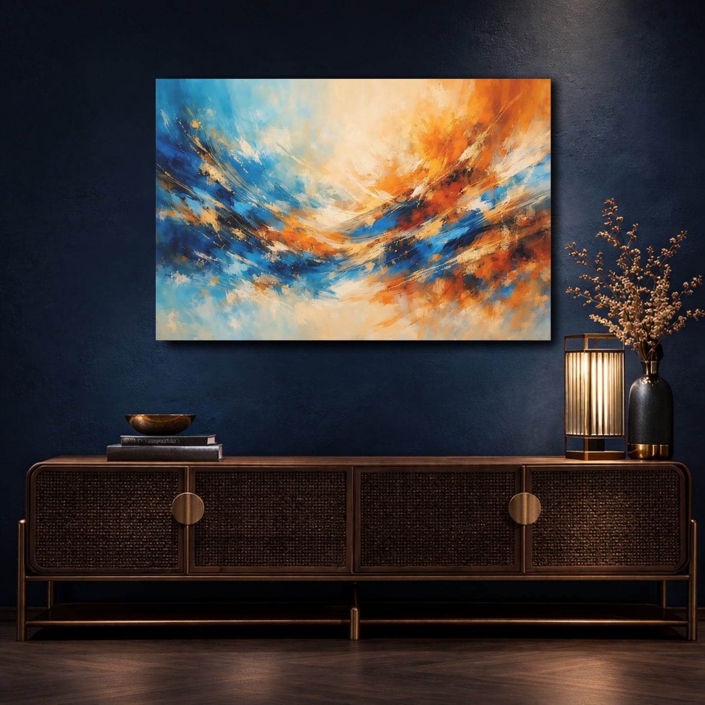 Mockup 4. Abstract Abstract Flow Blue And Orange Abstract shown as stretched canvas wall art