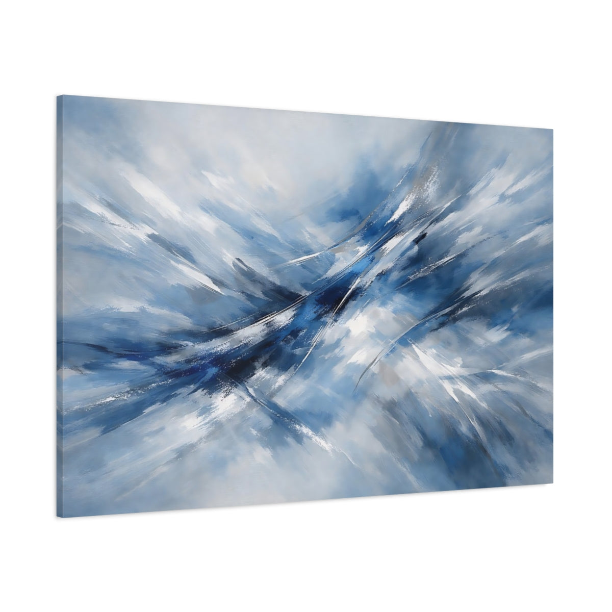 Main Mockup. Abstract Abstract Flow Blue And White Abstract shown as stretched canvas wall art