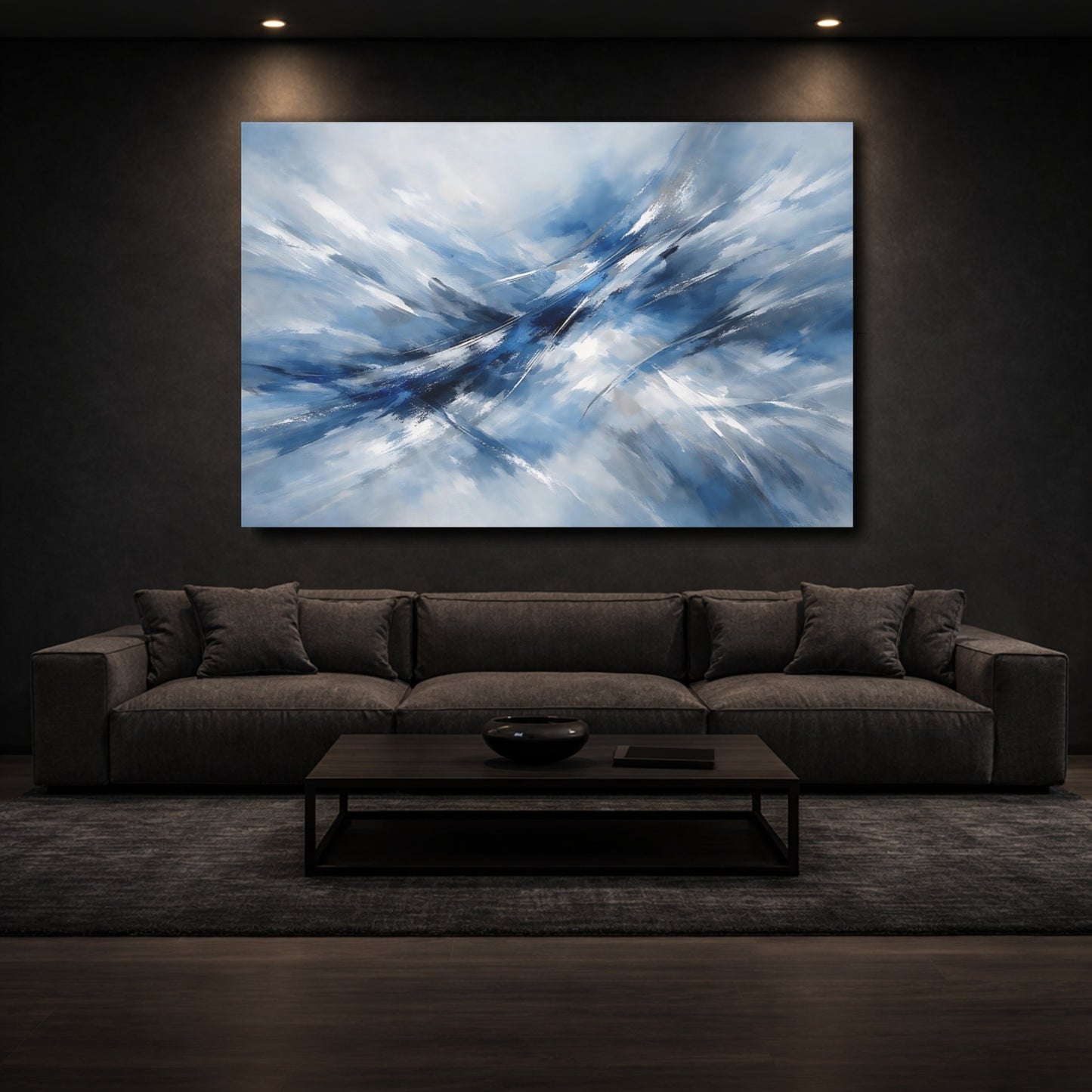 Mockup 2. Abstract Abstract Flow Blue And White Abstract shown as stretched canvas wall art