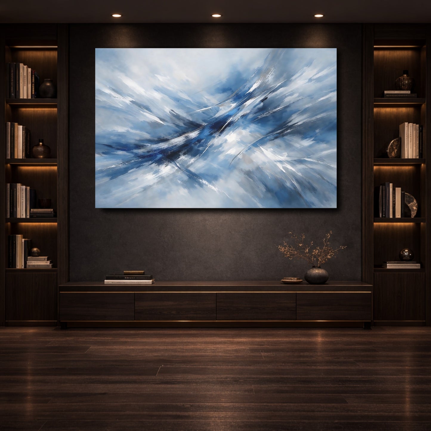 Mockup 3. Abstract Abstract Flow Blue And White Abstract shown as stretched canvas wall art