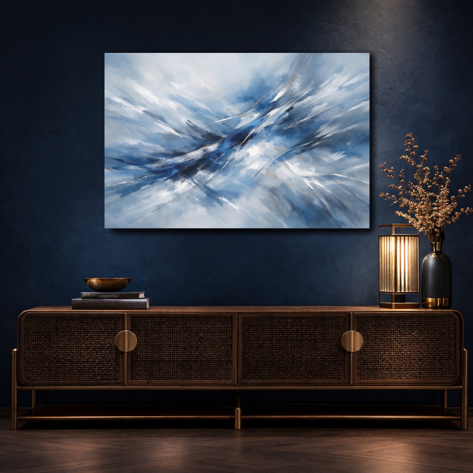 Mockup 4. Abstract Abstract Flow Blue And White Abstract shown as stretched canvas wall art