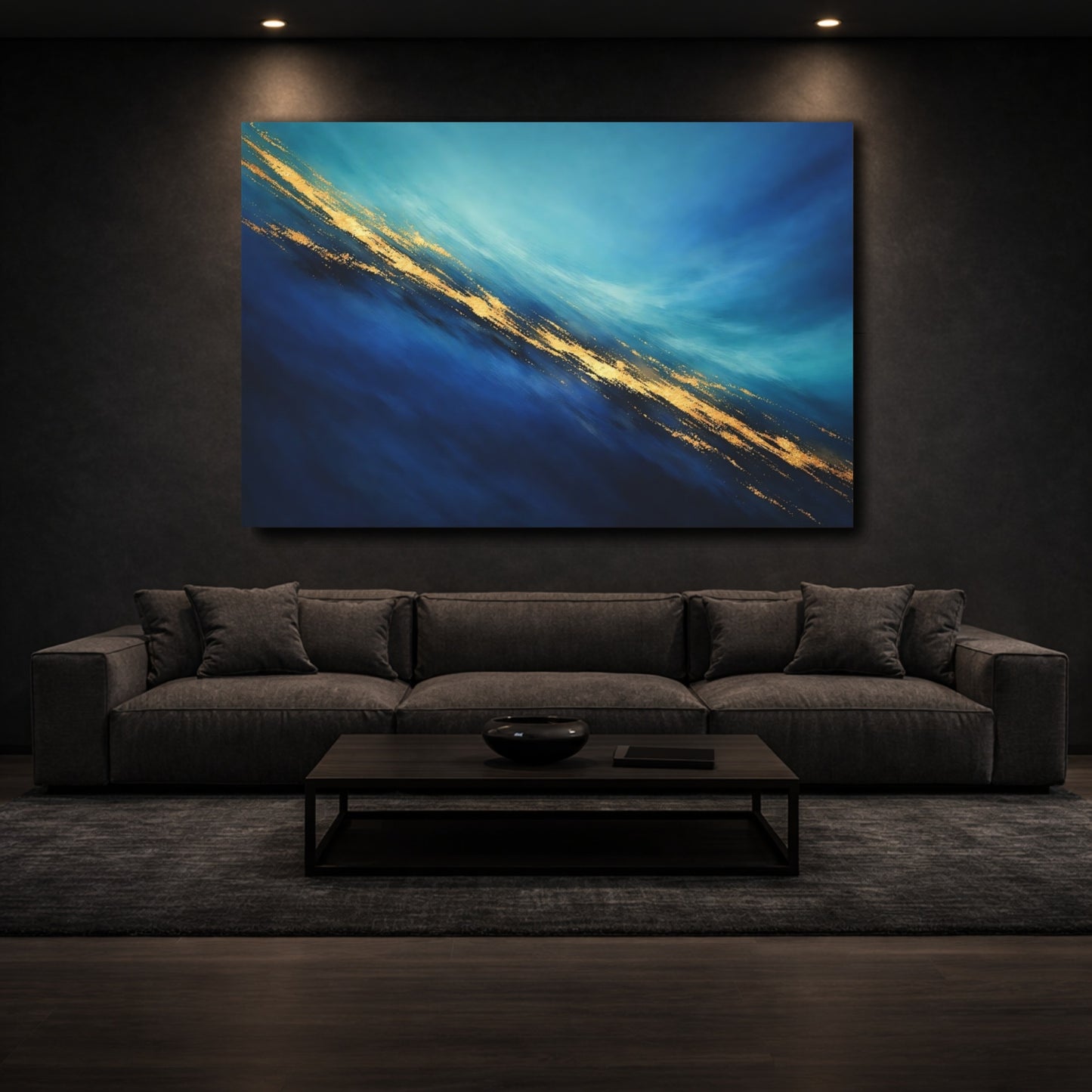 Mockup 2. Abstract Abstract Flow Blue Gold Abstract shown as stretched canvas wall art