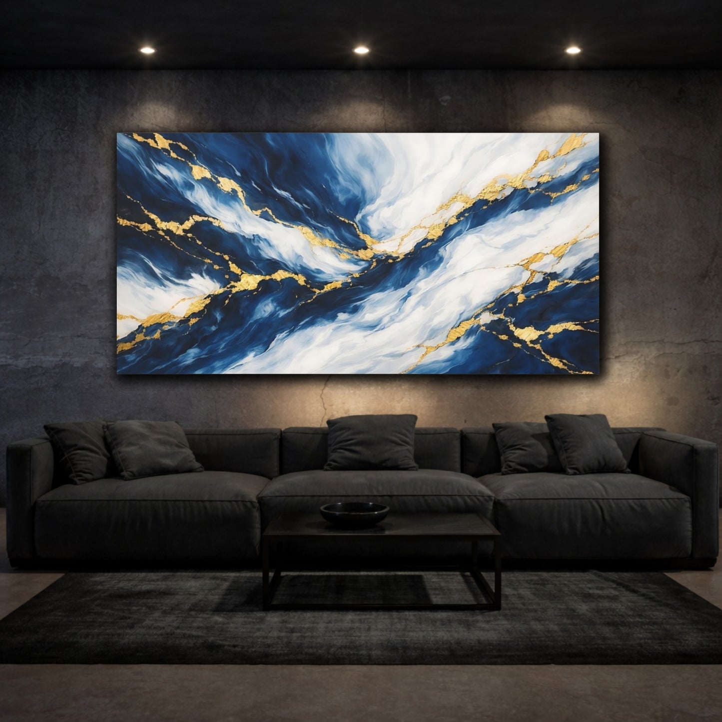 Mockup 2. Abstract Abstract Flow Blue Gold Abstract shown as stretched canvas wall art