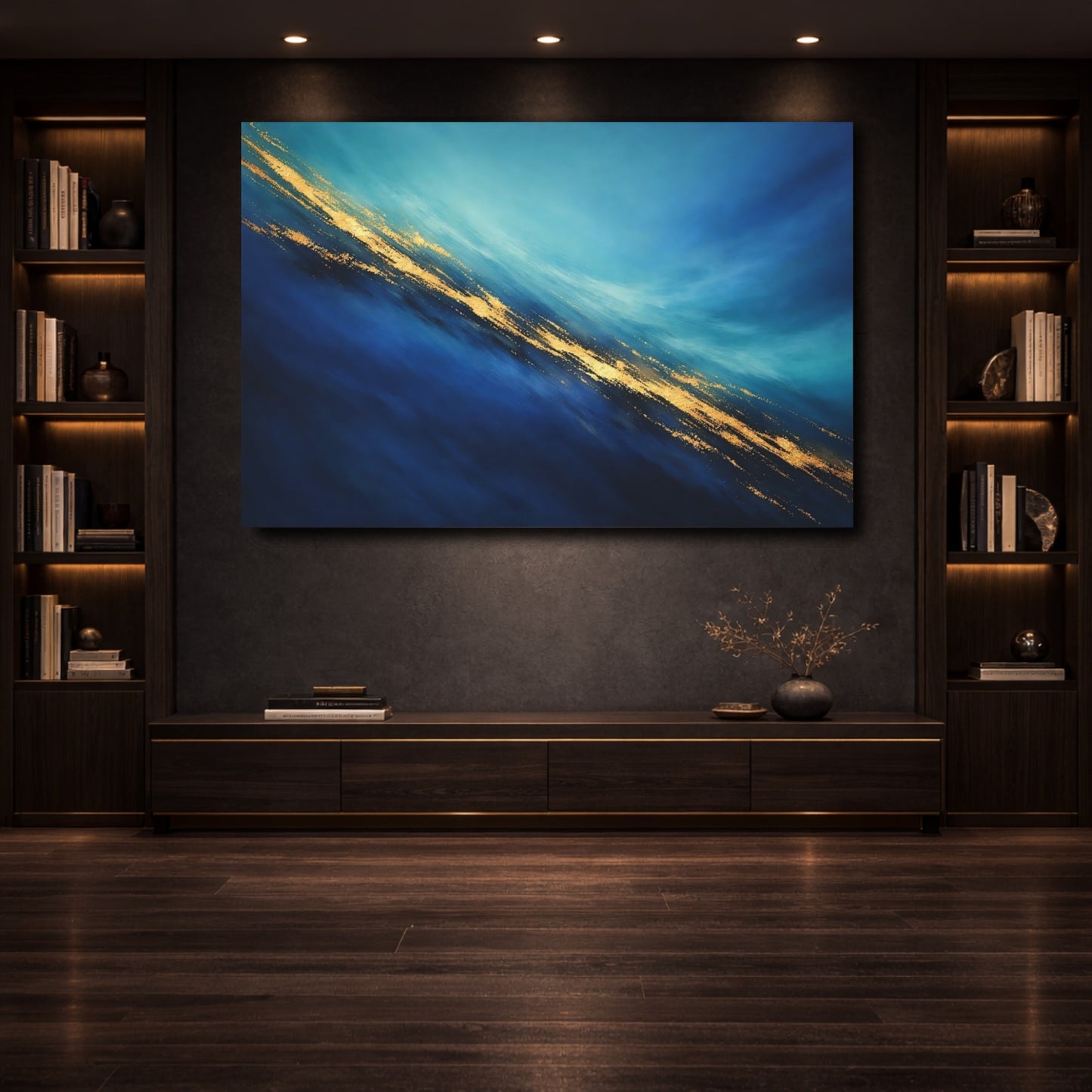 Mockup 3. Abstract Abstract Flow Blue Gold Abstract shown as stretched canvas wall art