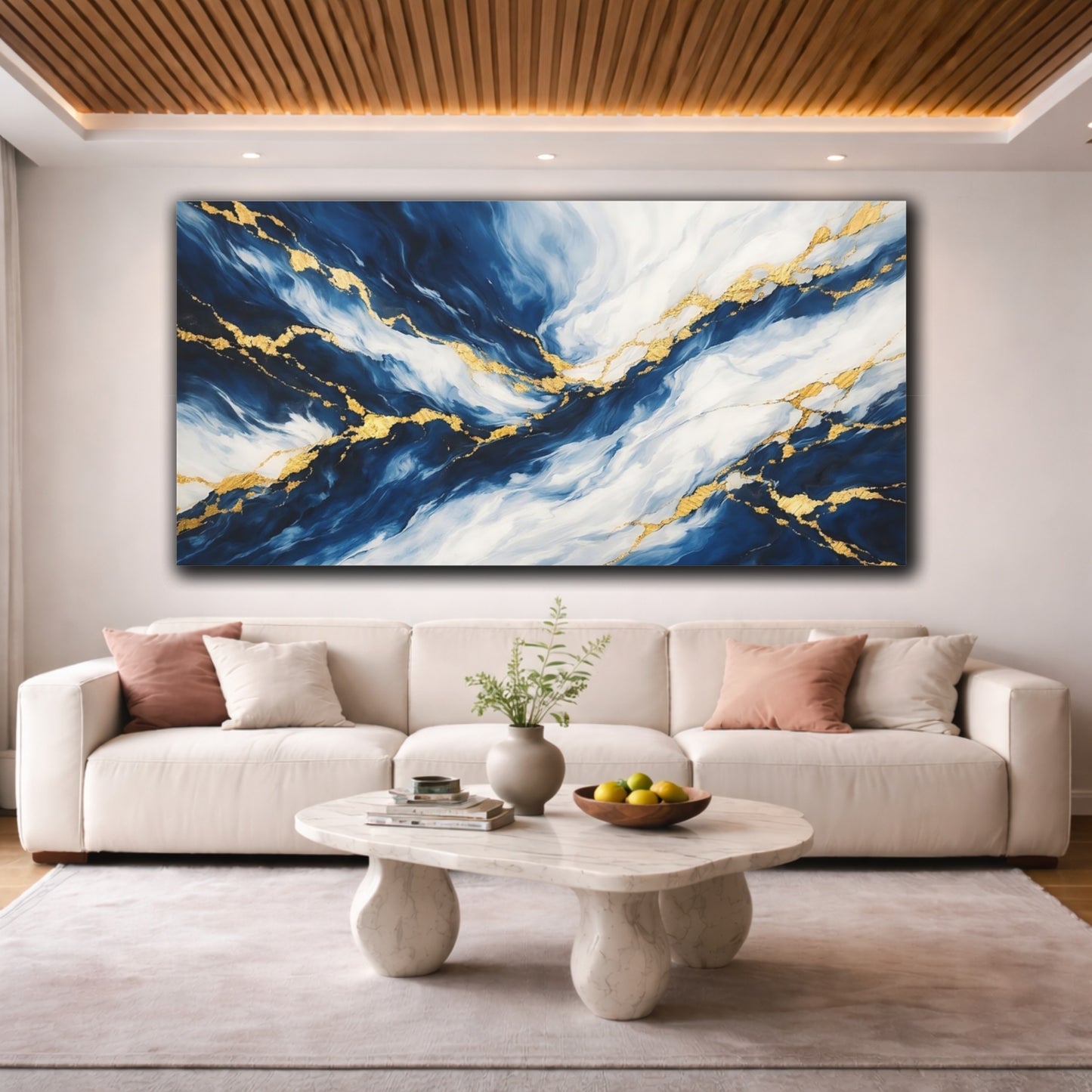 Mockup 3. Abstract Abstract Flow Blue Gold Abstract shown as stretched canvas wall art
