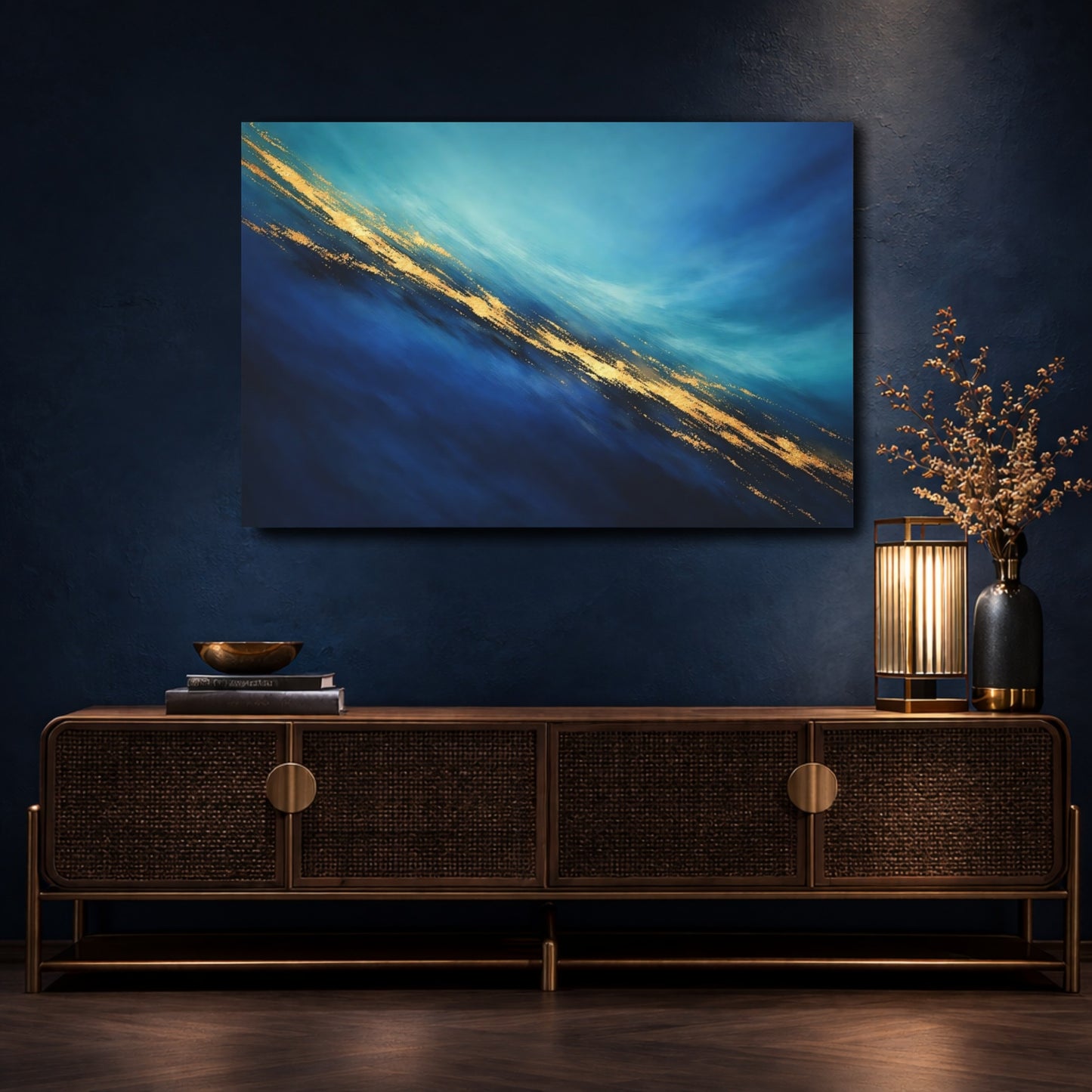 Mockup 4. Abstract Abstract Flow Blue Gold Abstract shown as stretched canvas wall art