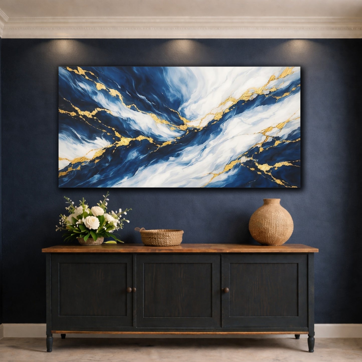 Mockup 4. Abstract Abstract Flow Blue Gold Abstract shown as stretched canvas wall art