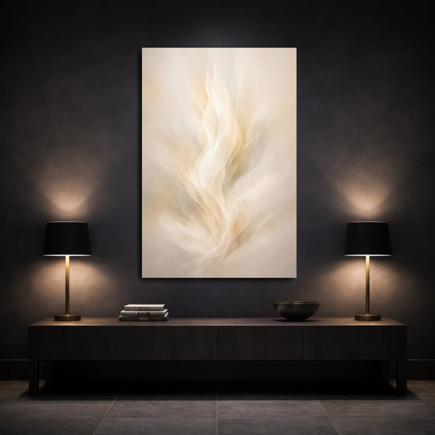 Mockup 2. Abstract Abstract Flow Cream And Gold shown as stretched canvas wall art