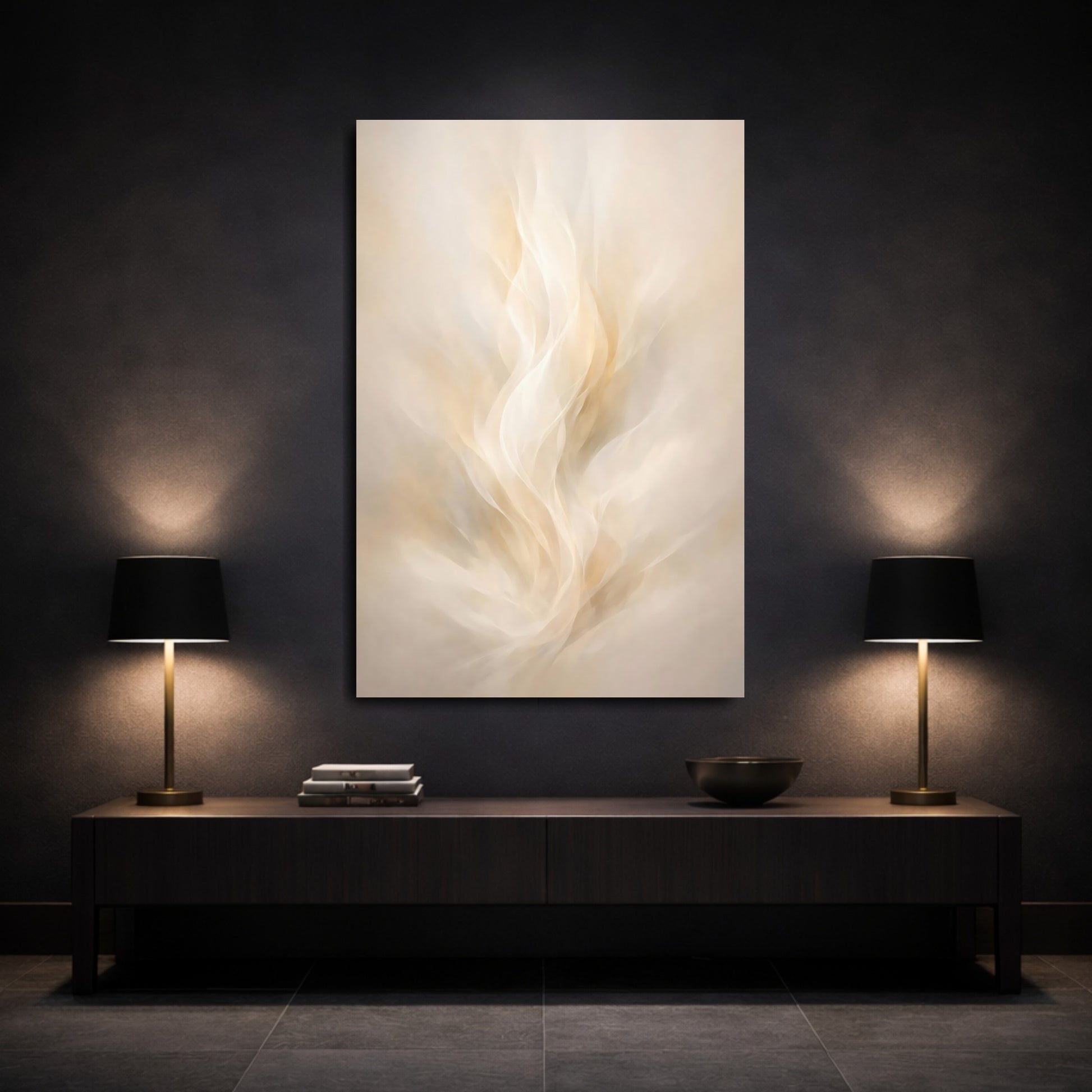 Mockup 2. Abstract Abstract Flow Cream And Gold shown as stretched canvas wall art