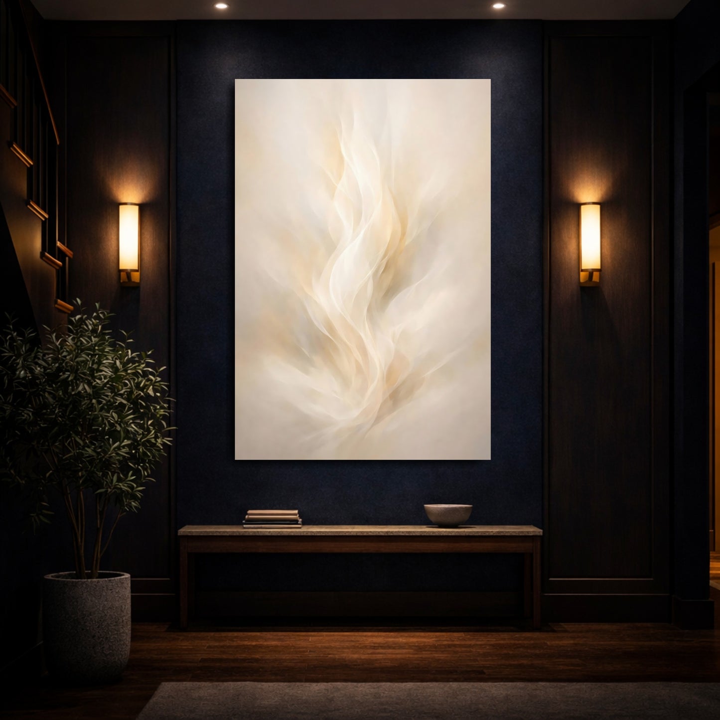 Mockup 3. Abstract Abstract Flow Cream And Gold shown as stretched canvas wall art