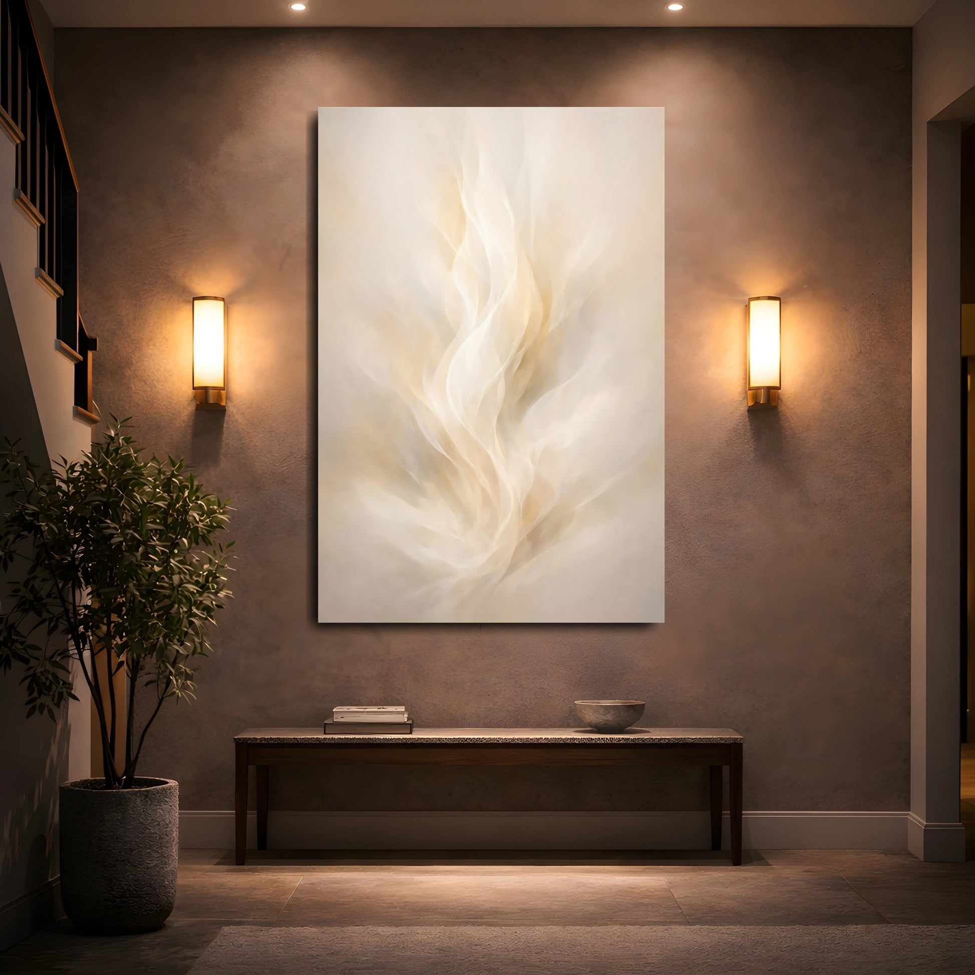 Mockup 4. Abstract Abstract Flow Cream And Gold shown as stretched canvas wall art