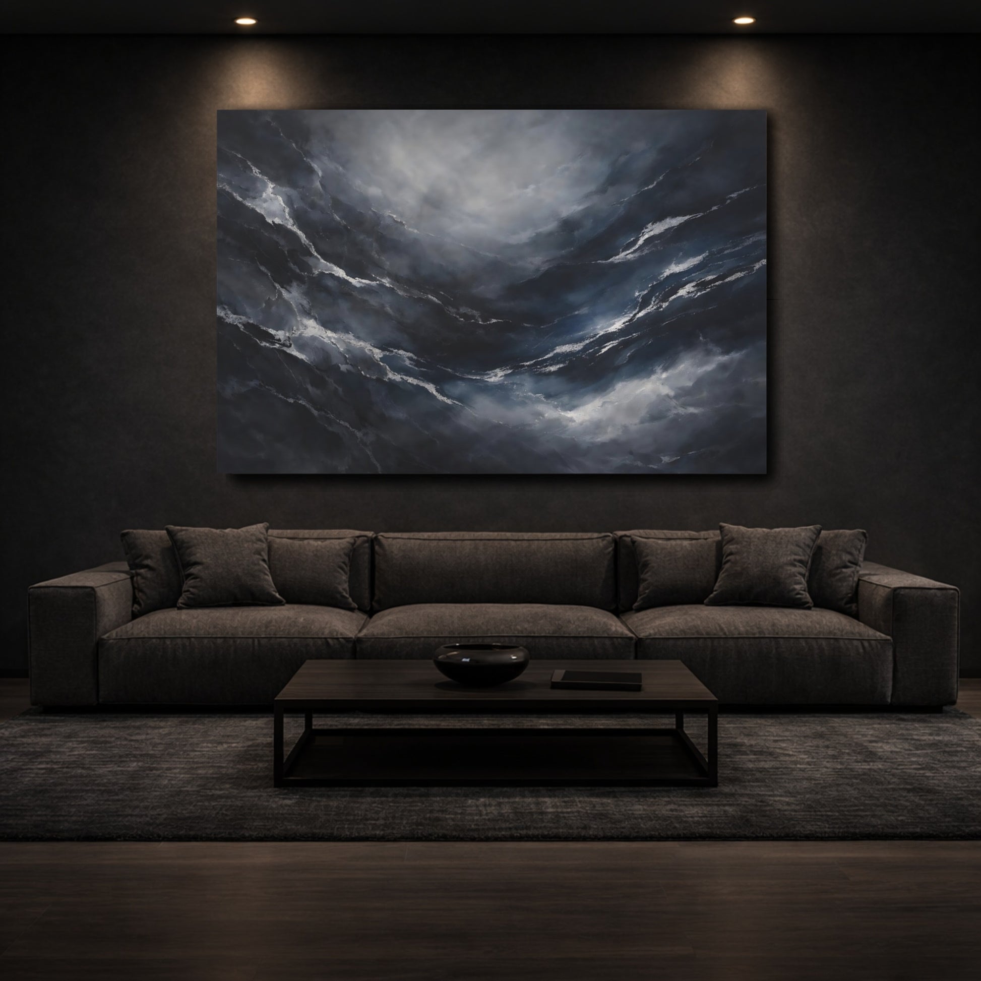 Mockup 2. Abstract Abstract Flow Dark Abstract shown as stretched canvas wall art