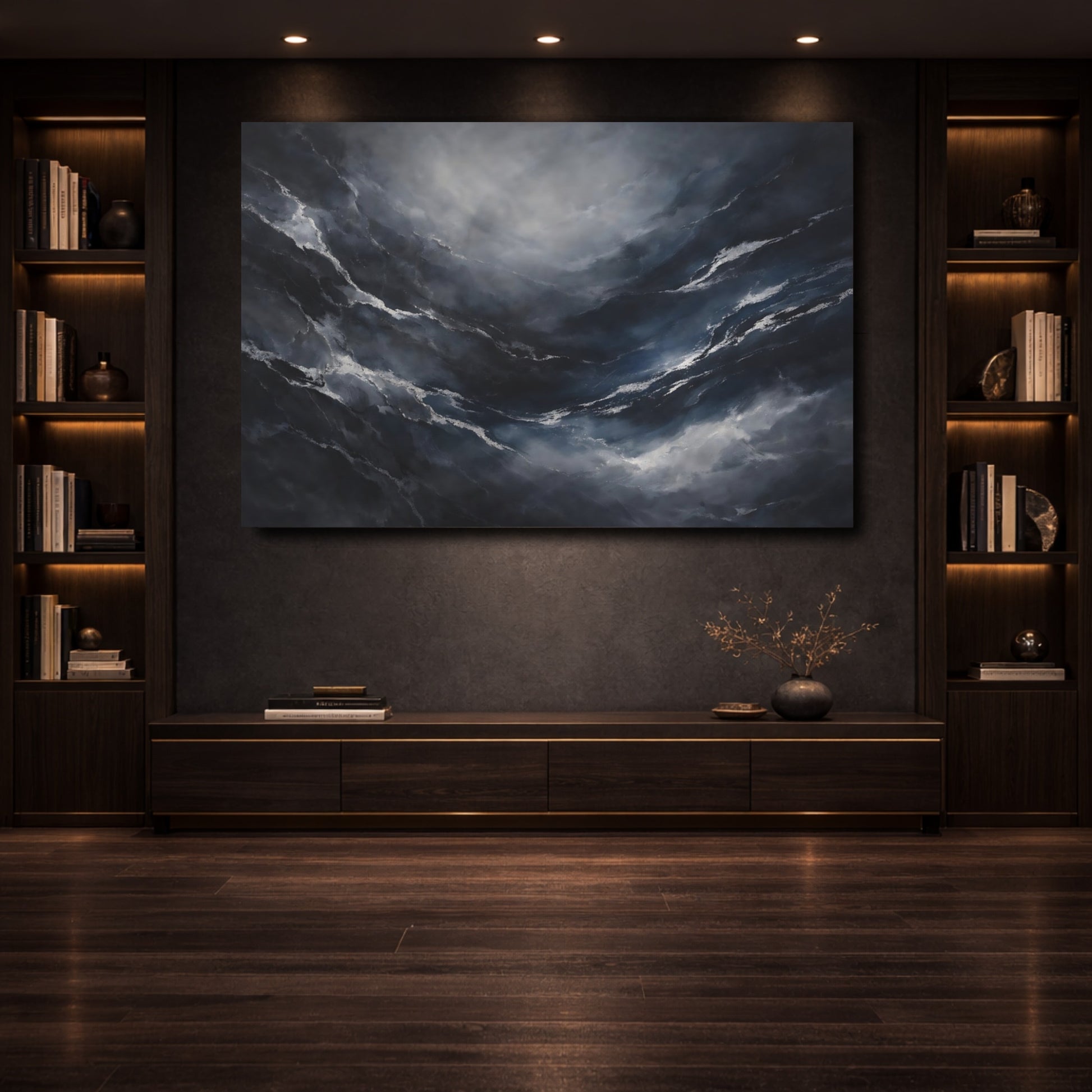 Mockup 3. Abstract Abstract Flow Dark Abstract shown as stretched canvas wall art