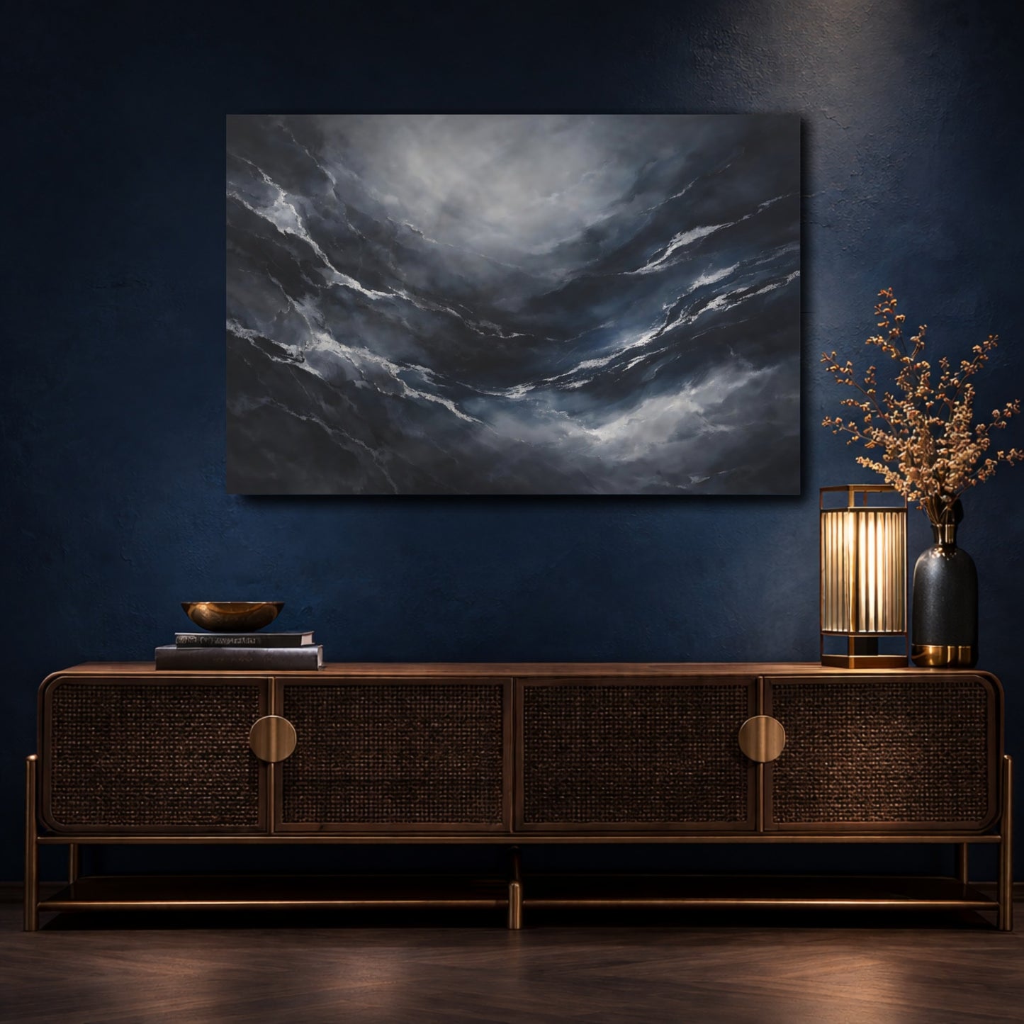 Mockup 4. Abstract Abstract Flow Dark Abstract shown as stretched canvas wall art