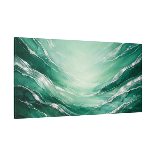 Main Mockup. Abstract Abstract Flow Emerald Green Silver shown as stretched canvas wall art