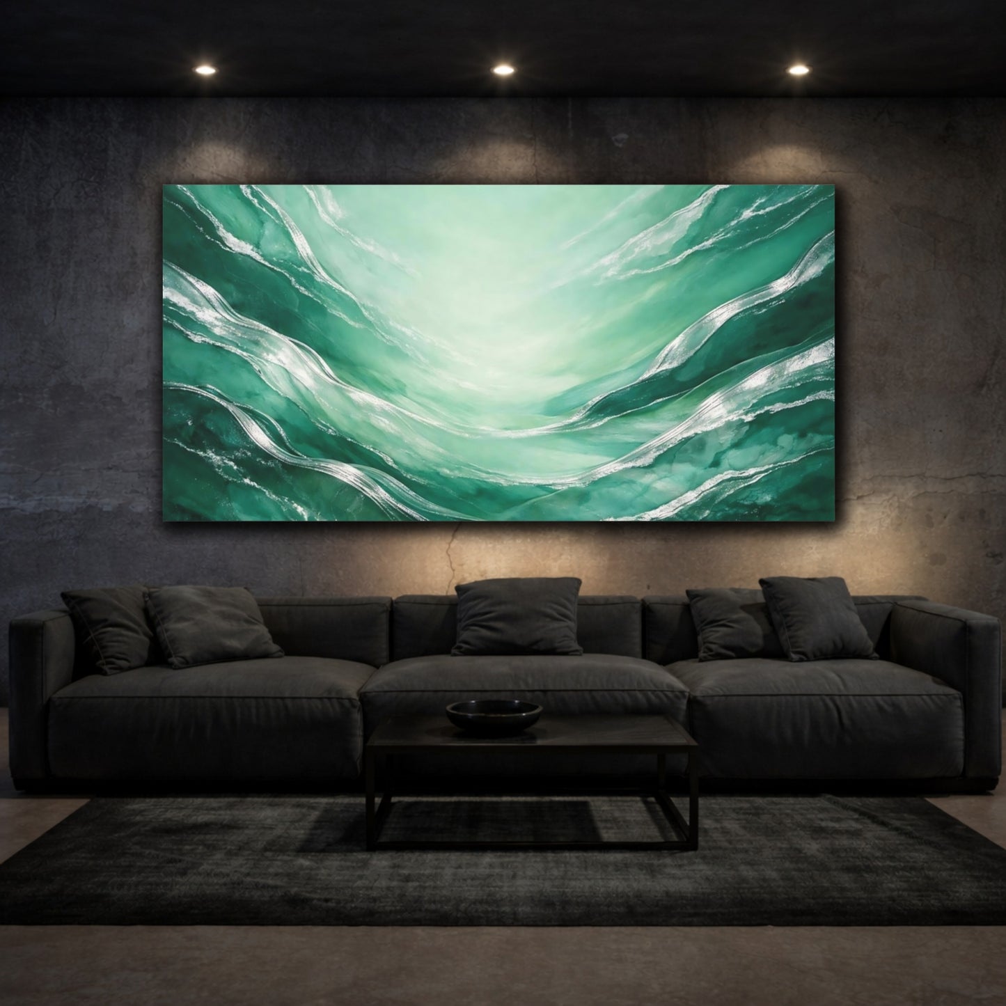 Mockup 2. Abstract Abstract Flow Emerald Green Silver shown as stretched canvas wall art
