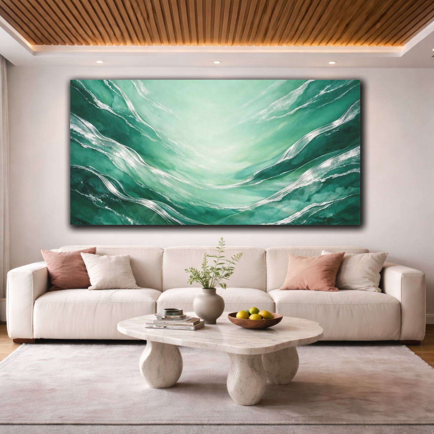 Mockup 3. Abstract Abstract Flow Emerald Green Silver shown as stretched canvas wall art