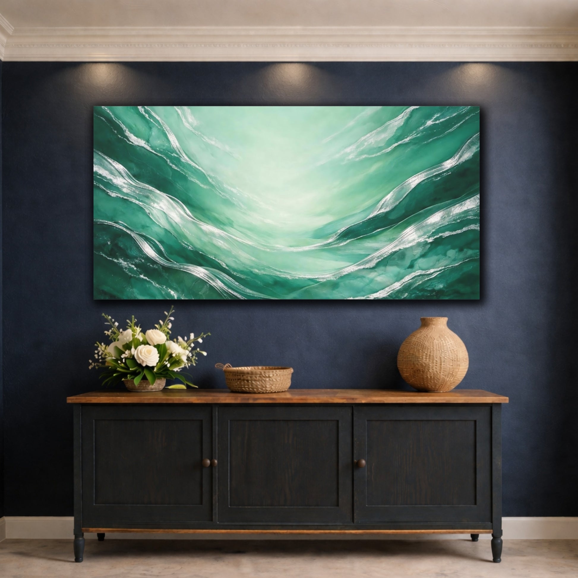 Mockup 4. Abstract Abstract Flow Emerald Green Silver shown as stretched canvas wall art