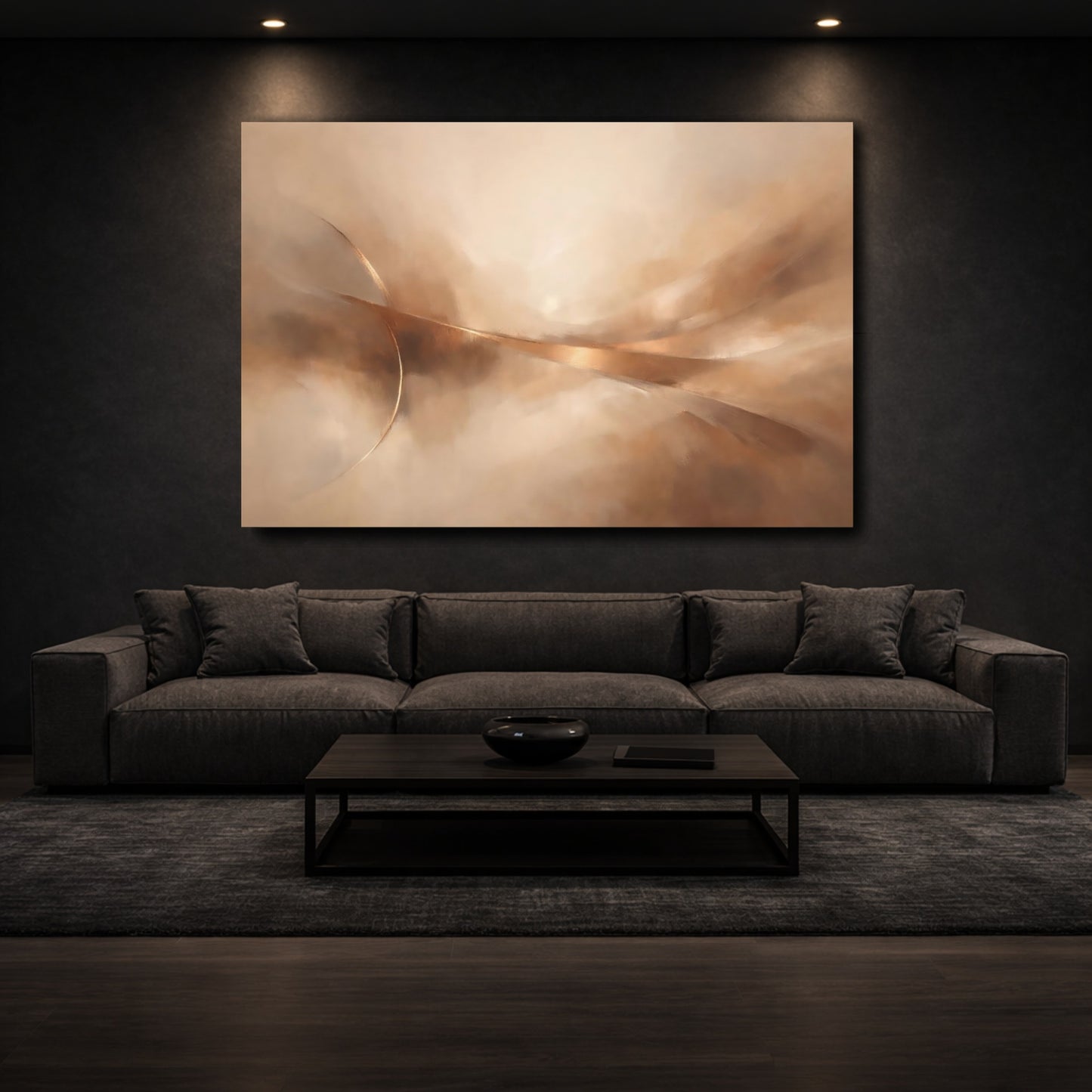 Mockup 2. Abstract Abstract Flow Gold Abstract Flow shown as stretched canvas wall art