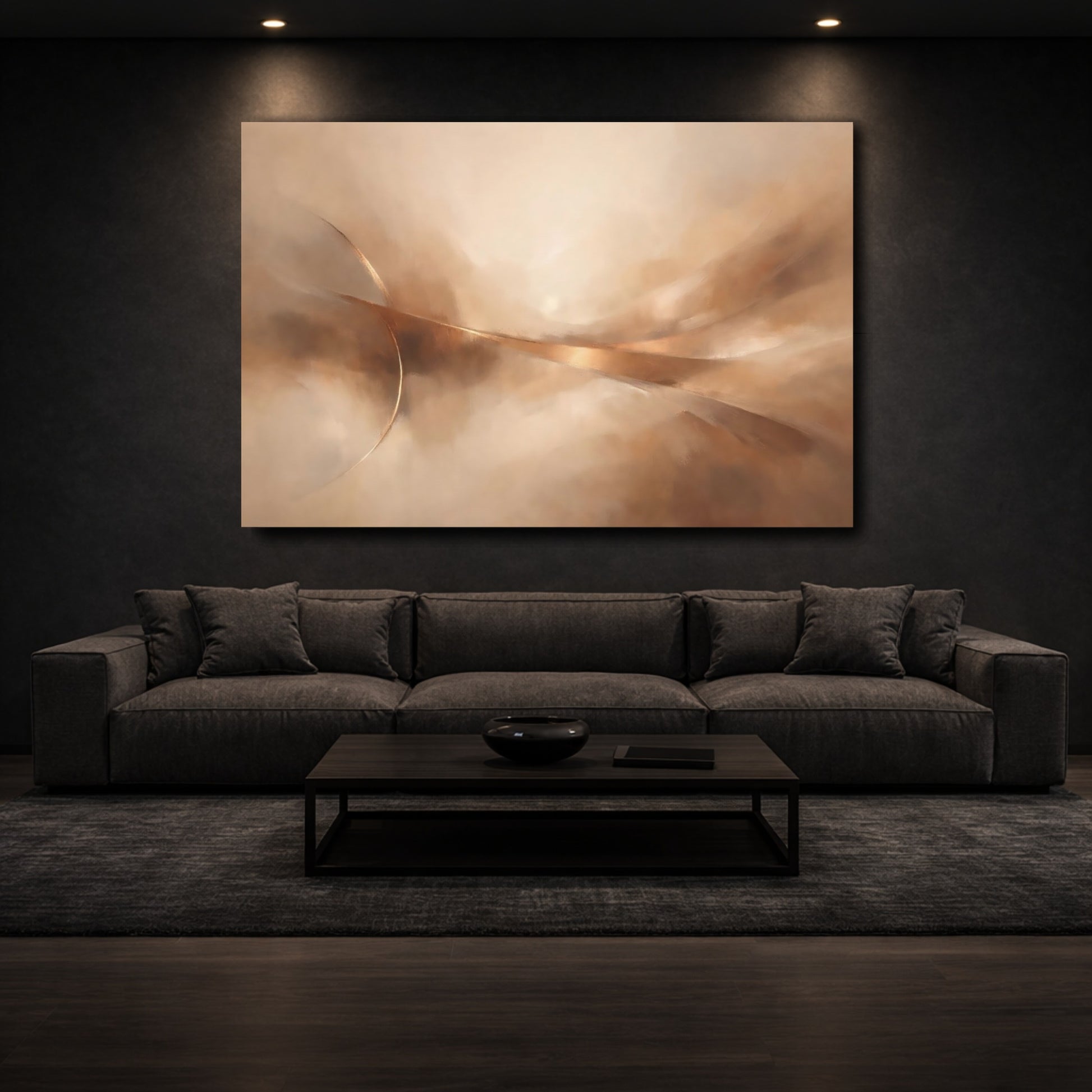 Mockup 2. Abstract Abstract Flow Gold Abstract Flow shown as stretched canvas wall art