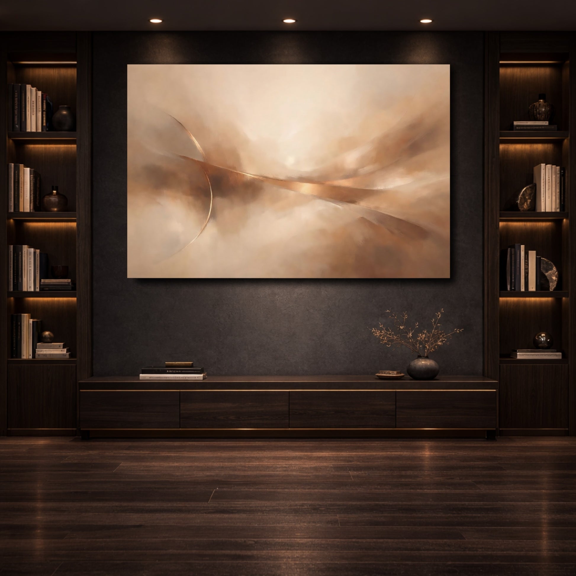 Mockup 3. Abstract Abstract Flow Gold Abstract Flow shown as stretched canvas wall art