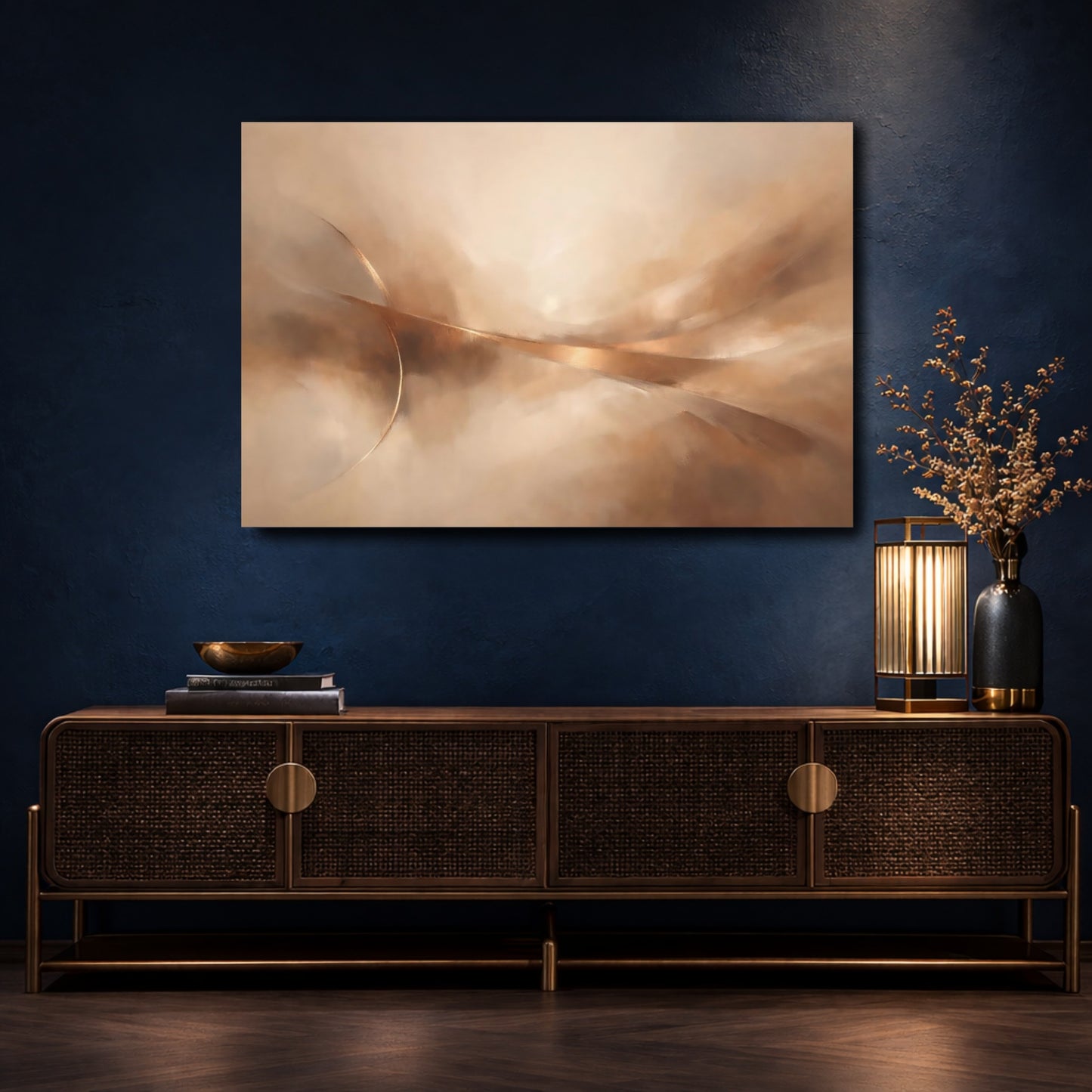 Mockup 4. Abstract Abstract Flow Gold Abstract Flow shown as stretched canvas wall art