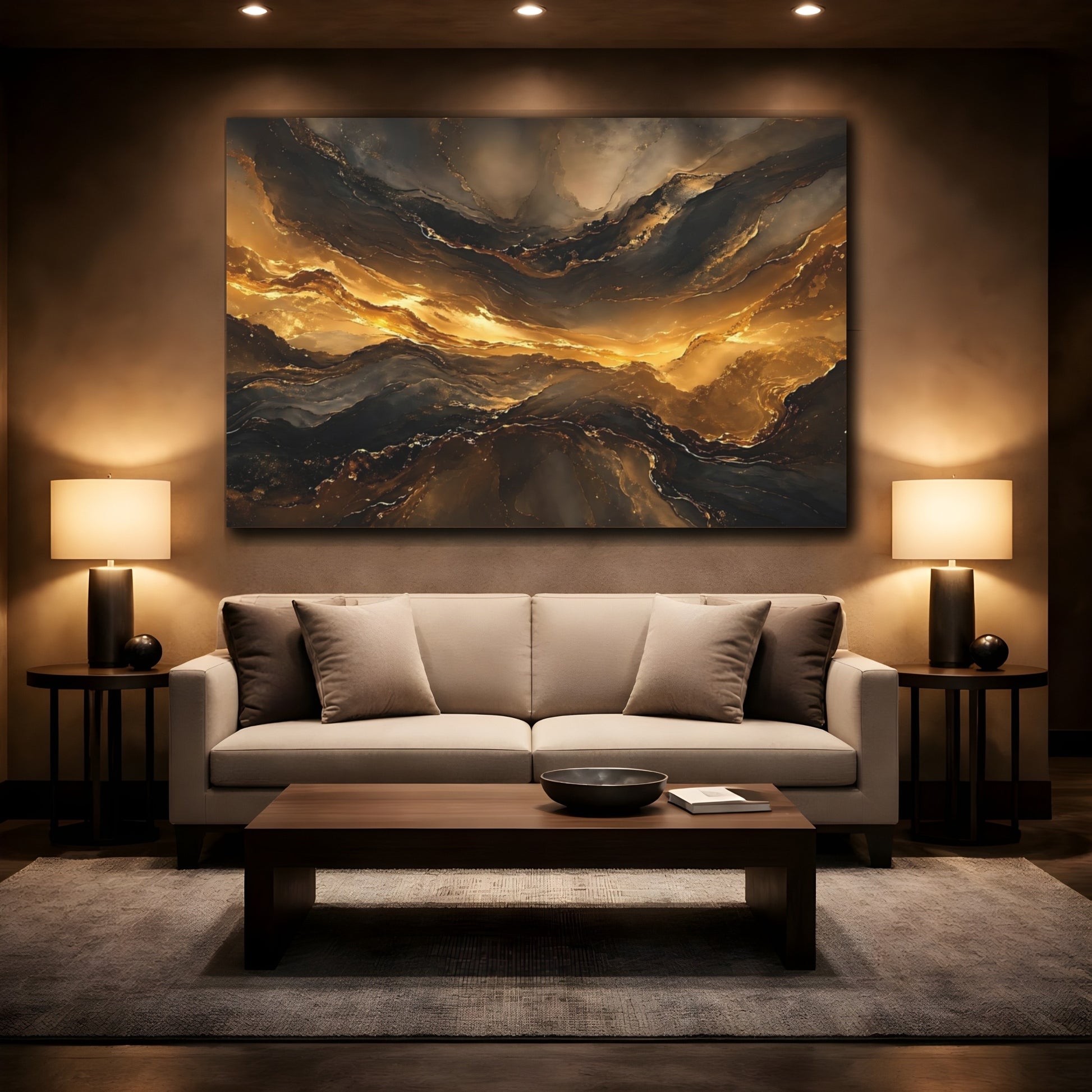 Mockup 2. Abstract Abstract Flow Gold And Black shown as stretched canvas wall art