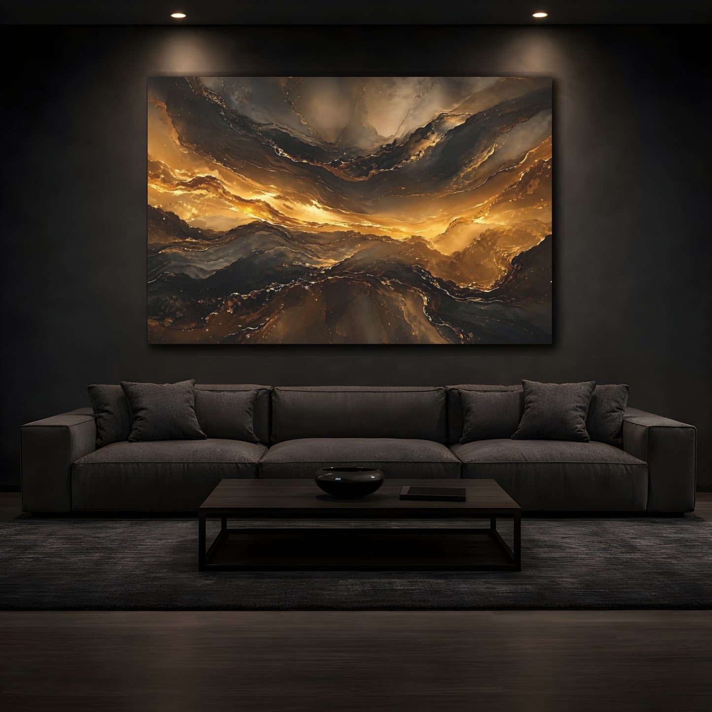 Mockup 3. Abstract Abstract Flow Gold And Black shown as stretched canvas wall art