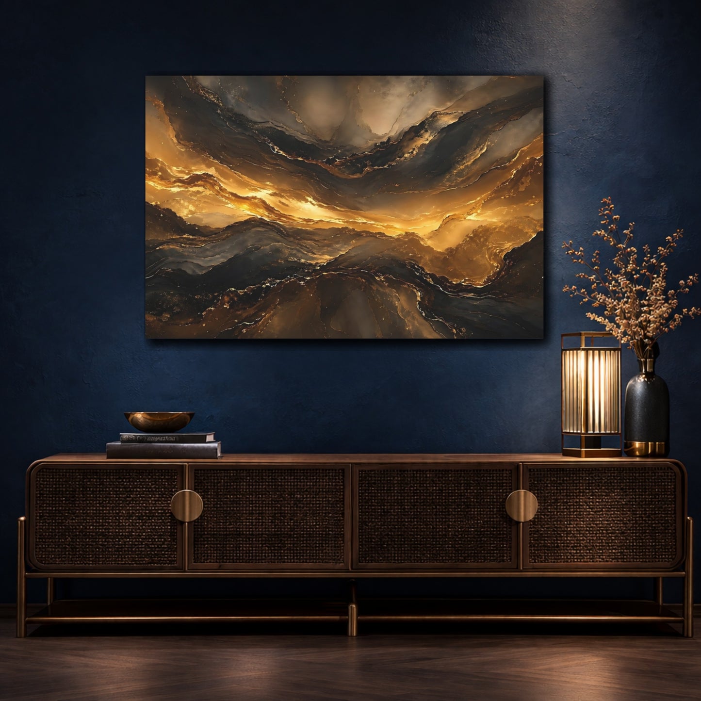 Mockup 4. Abstract Abstract Flow Gold And Black shown as stretched canvas wall art