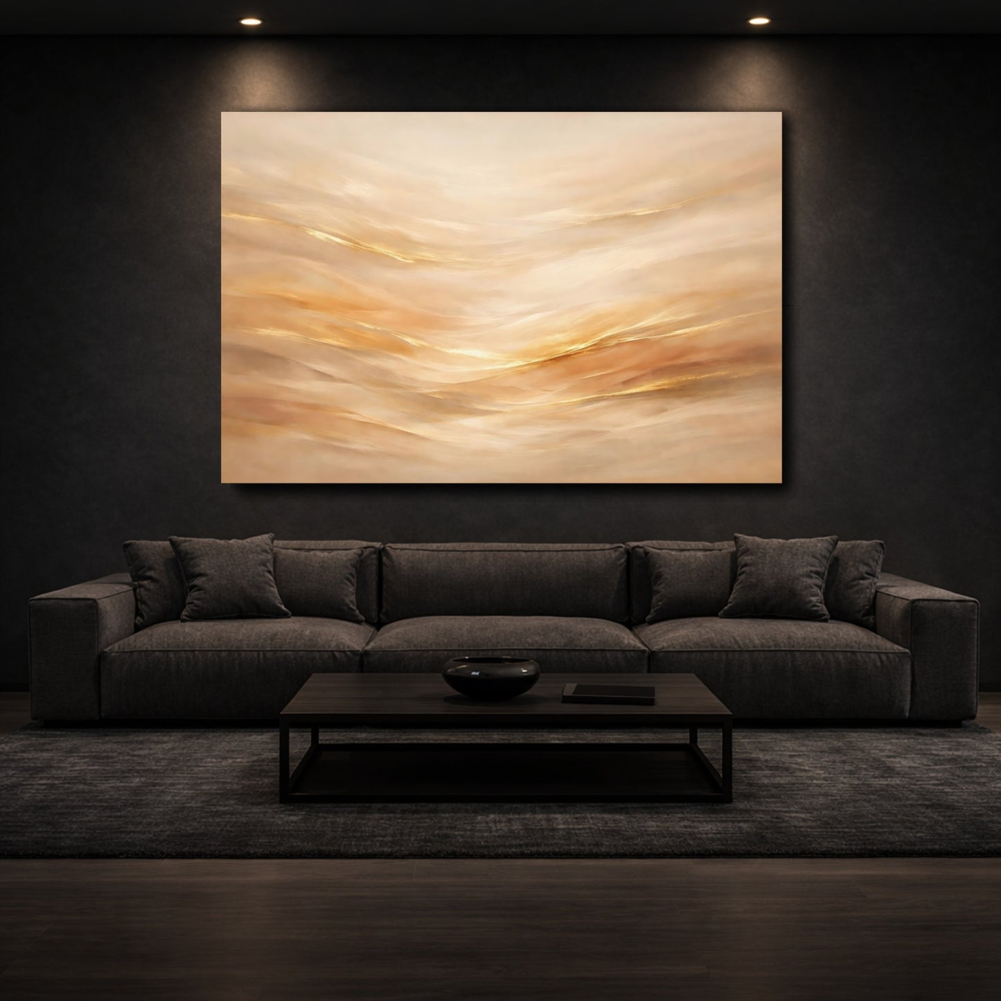 Mockup 2. Abstract Abstract Flow Gold And Cream shown as stretched canvas wall art
