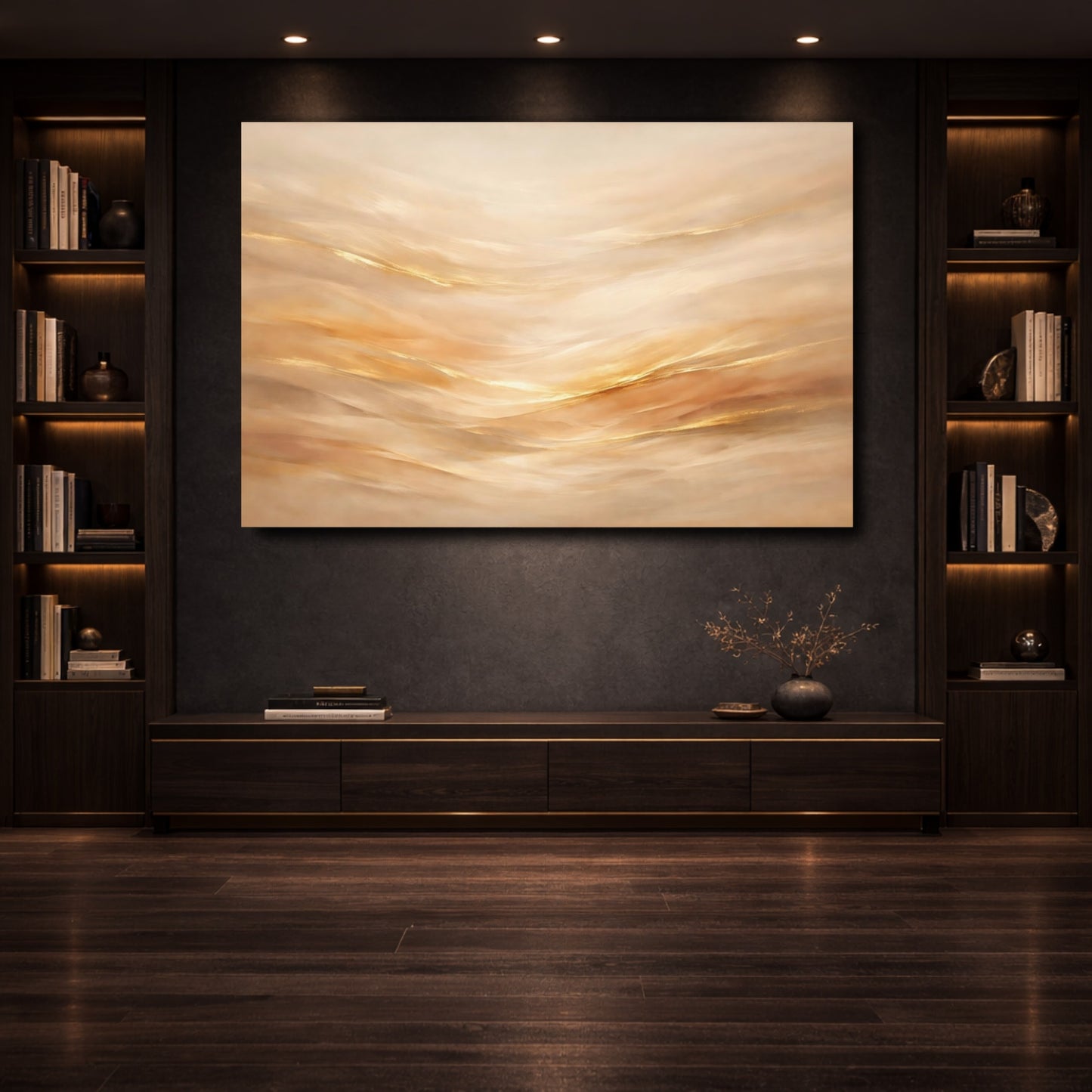 Mockup 3. Abstract Abstract Flow Gold And Cream shown as stretched canvas wall art