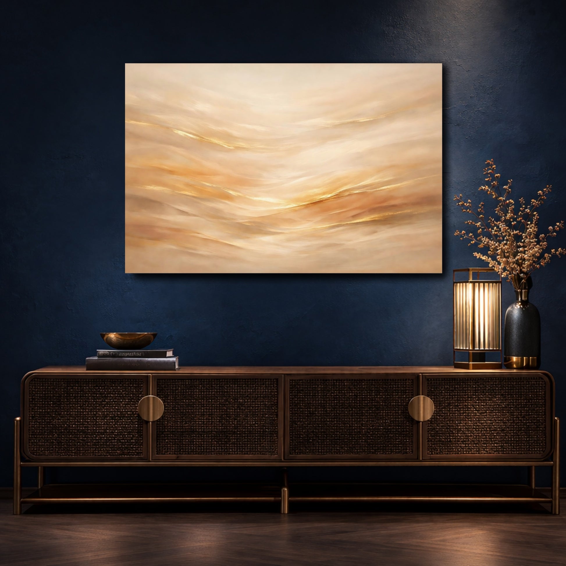 Mockup 4. Abstract Abstract Flow Gold And Cream shown as stretched canvas wall art