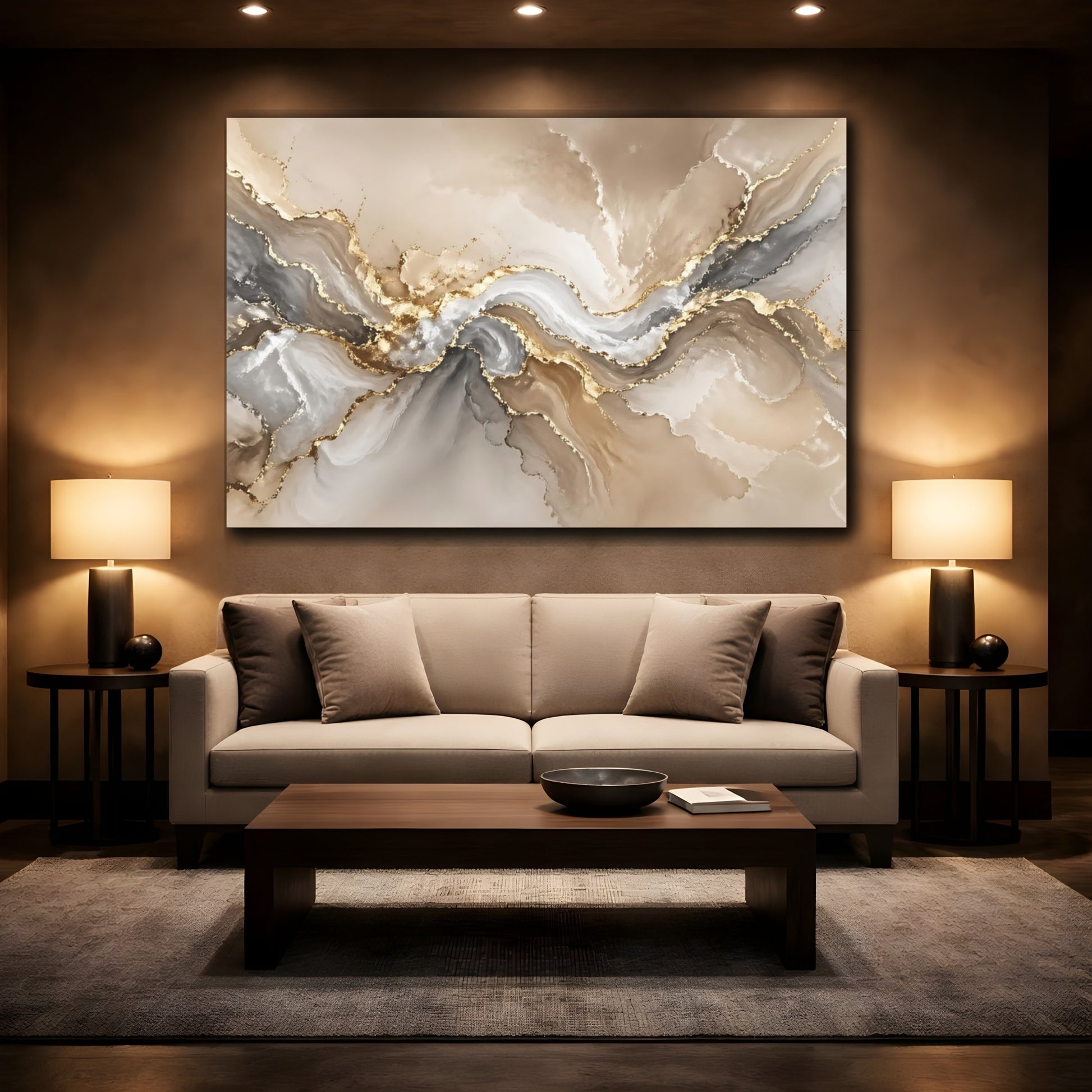 Mockup 2. Abstract Abstract Flow Gold And Gray Abstract shown as stretched canvas wall art