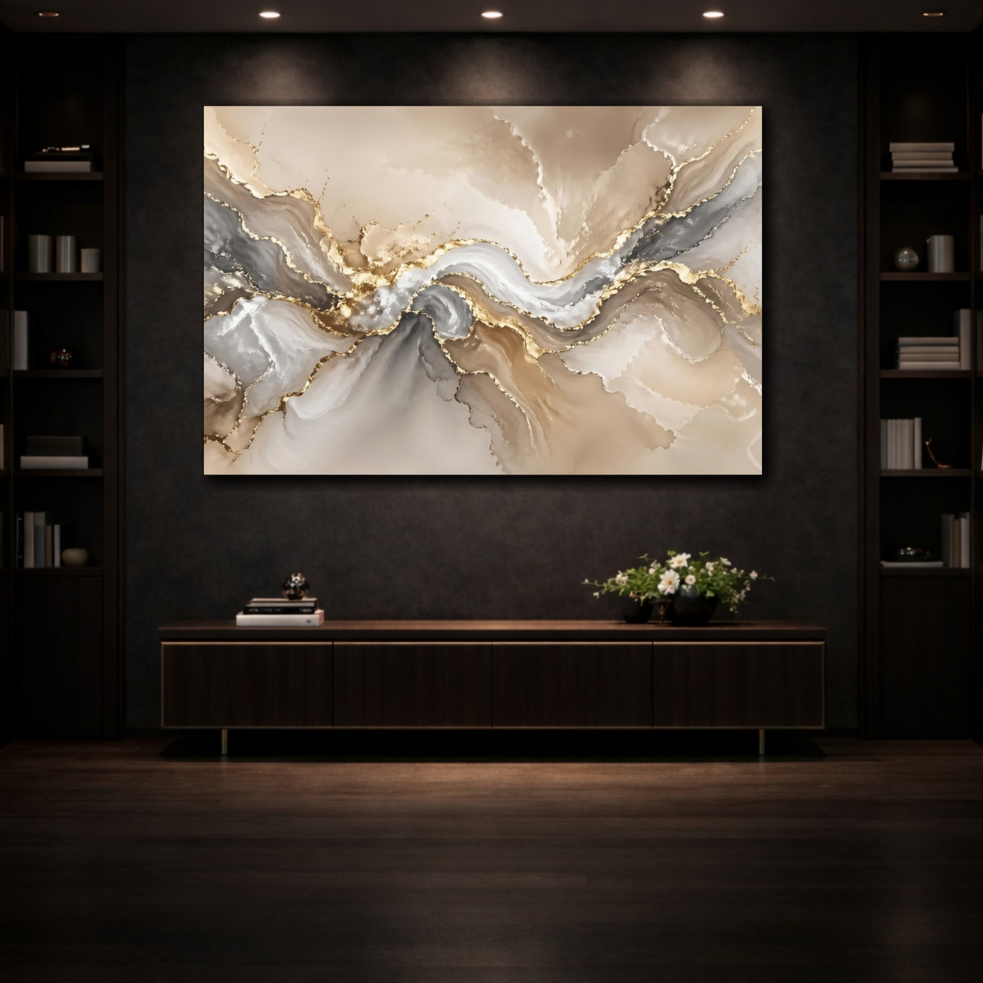 Mockup 3. Abstract Abstract Flow Gold And Gray Abstract shown as stretched canvas wall art