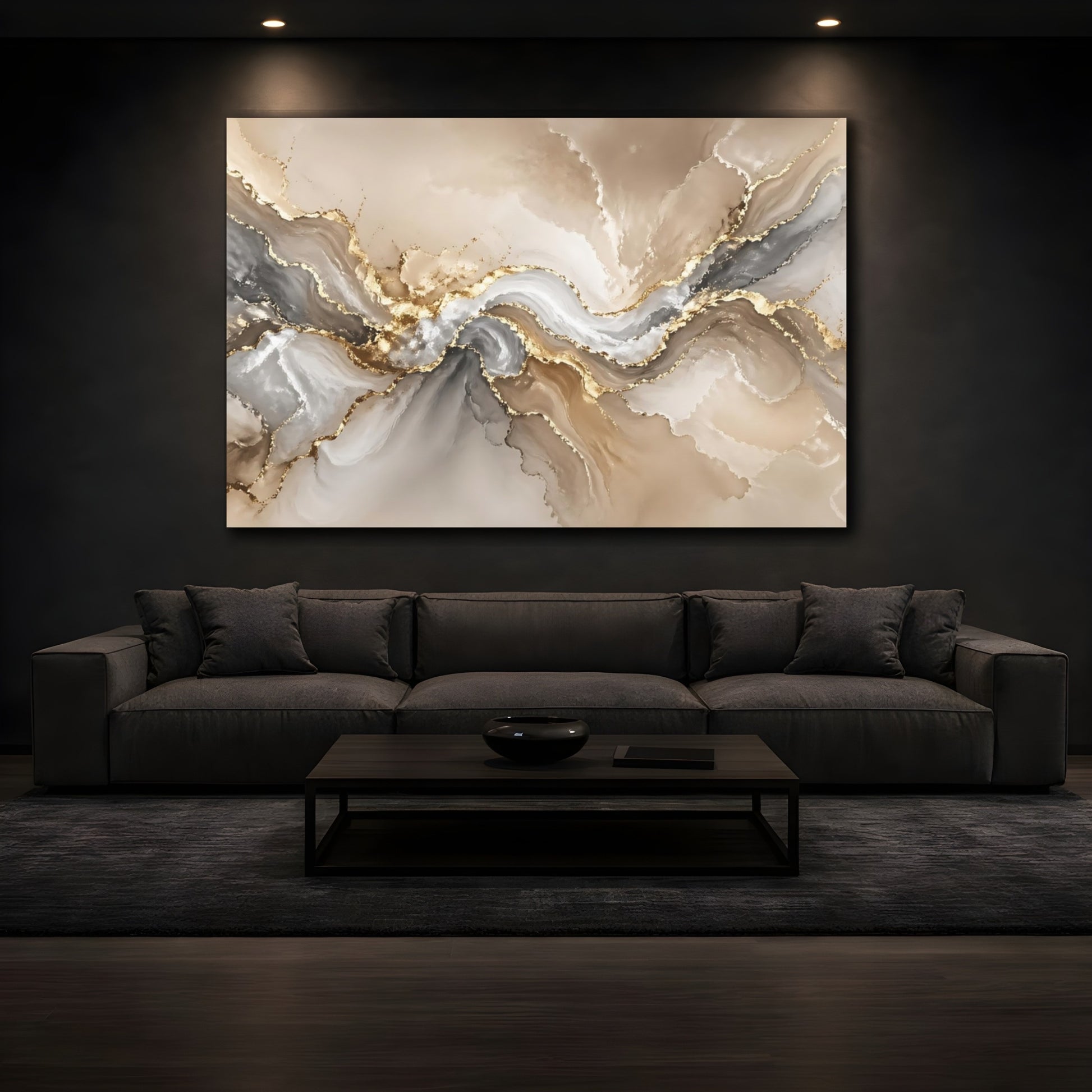 Mockup 4. Abstract Abstract Flow Gold And Gray Abstract shown as stretched canvas wall art