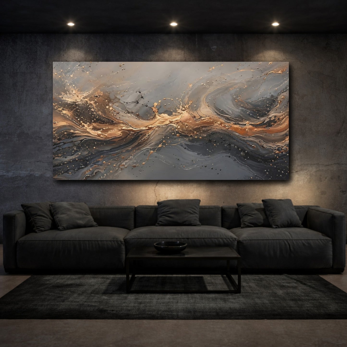 Mockup 2. Abstract Abstract Flow Gold And Gray shown as stretched canvas wall art